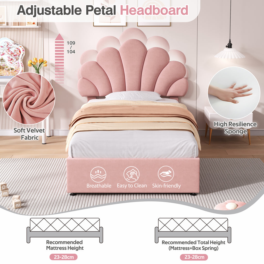 3ft Single Upholstered Hydraulic Bed with Adjustable Chic Petal Headboard, Soft Velvet Bed Frame with Hydraulic Storage, Petal Bed with Solid Wood Slat, No Box Spring Needed, Pink (No Mattress)
