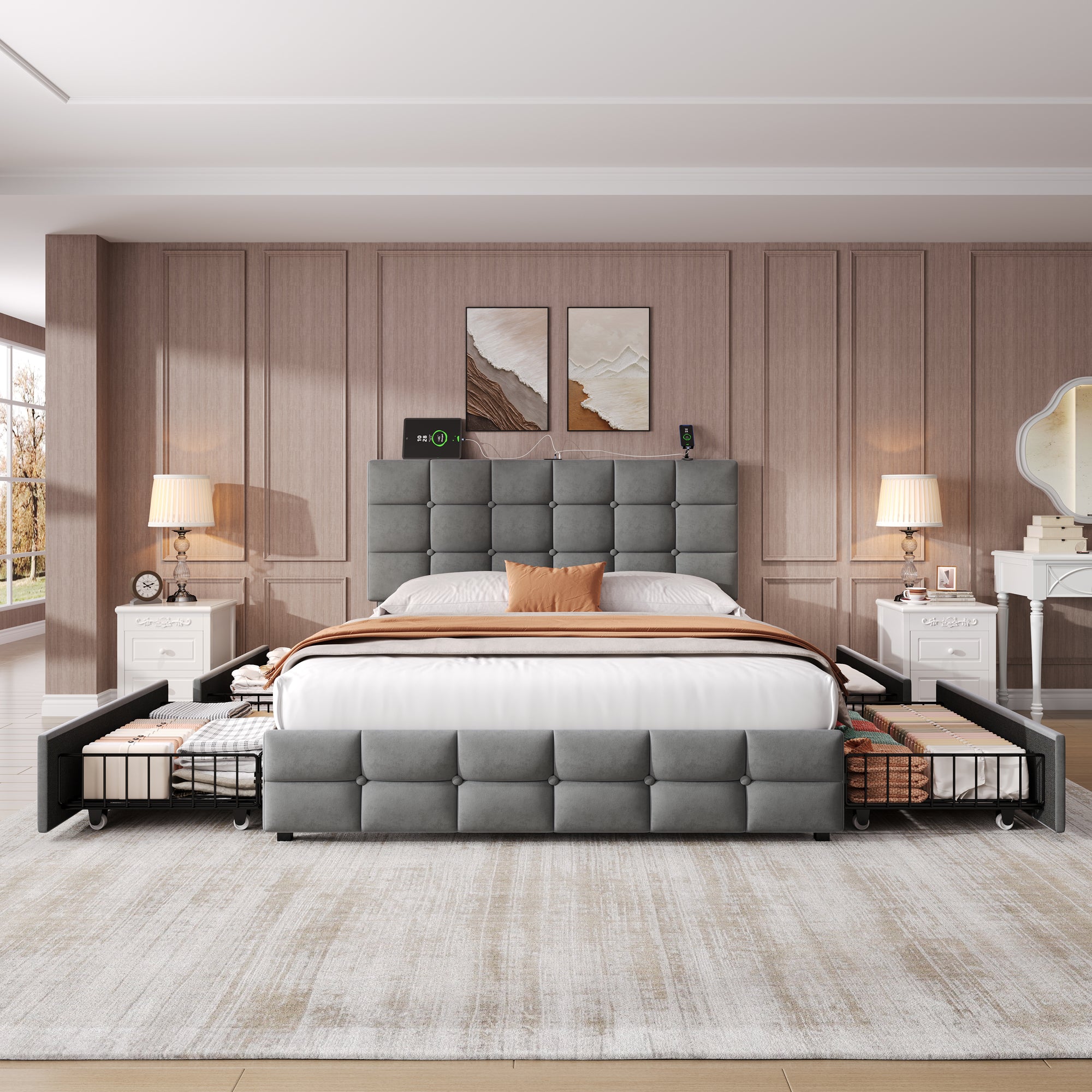 4ft6 Double Upholstered Bed with 4 Storage Drawers, Velvet Bed Frame with Charging Station. Adjustable Button Tufted Headboard with USB and Type - C Ports, No Box Spring Needed, Grey (No Mattress)