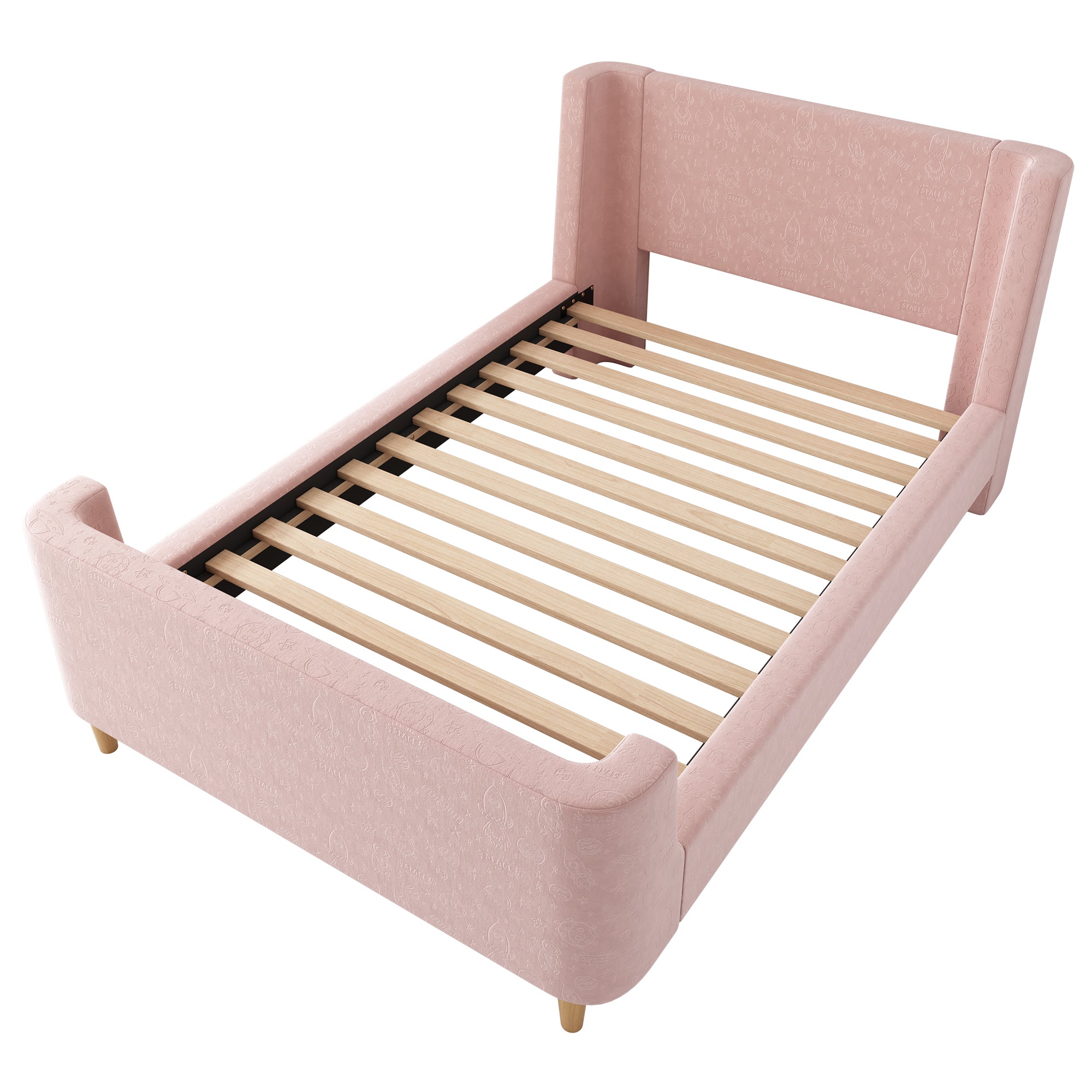 3FT Upholstered Bed, 90 x 190 cm Single Bed with Cosmic Pattern, Sleigh-style Teen Bed, Bed Frame for Boys and Girls, Pink, Velvet (Without Mattress)