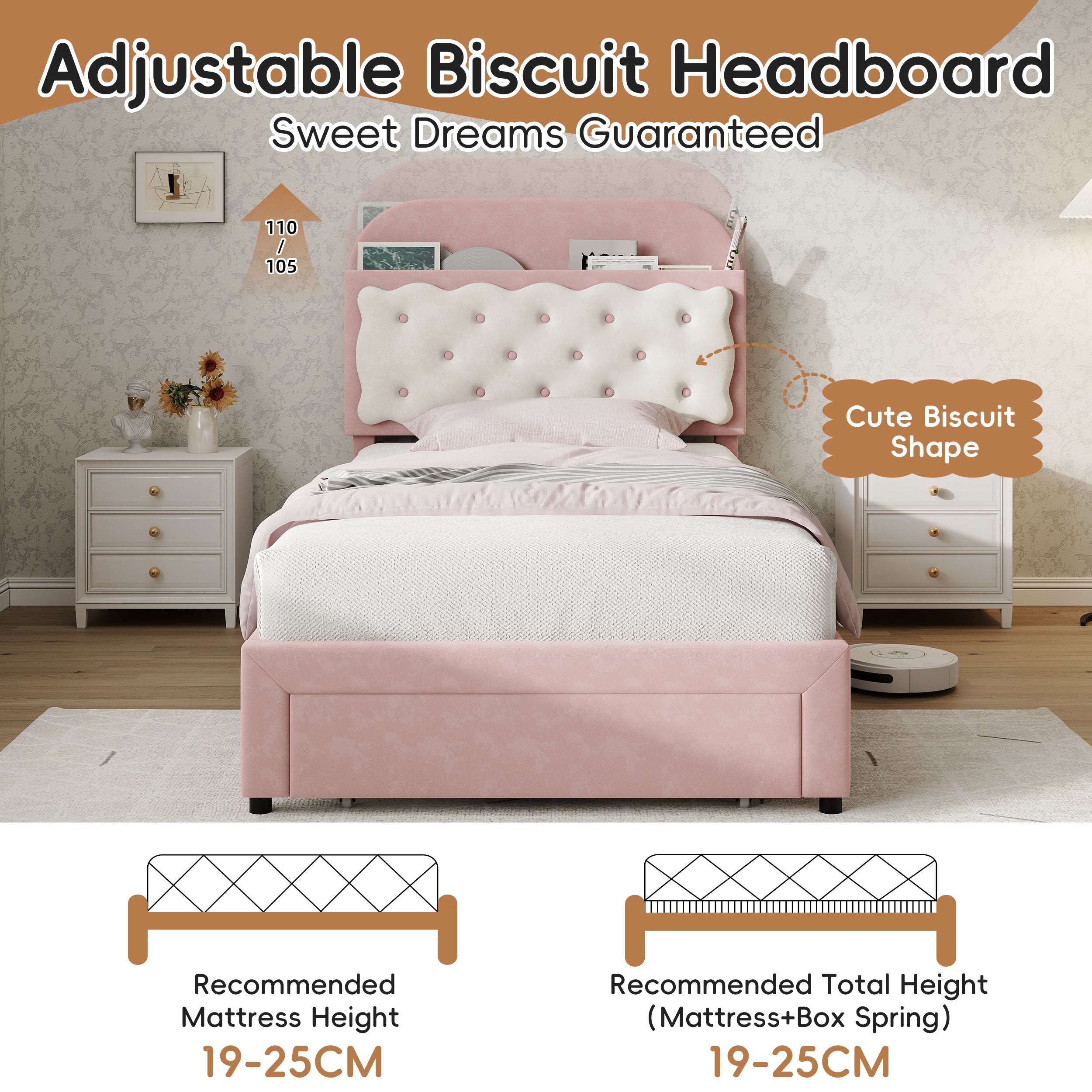 3ft Single Velvet Upholstered Bed Frame, Adjustable Cookie Shaped Storage Headboard with Storage Drawer at Bed End, No Box Spring Needed, Easy Assembly, Pink+ Cream White (No Mattress)
