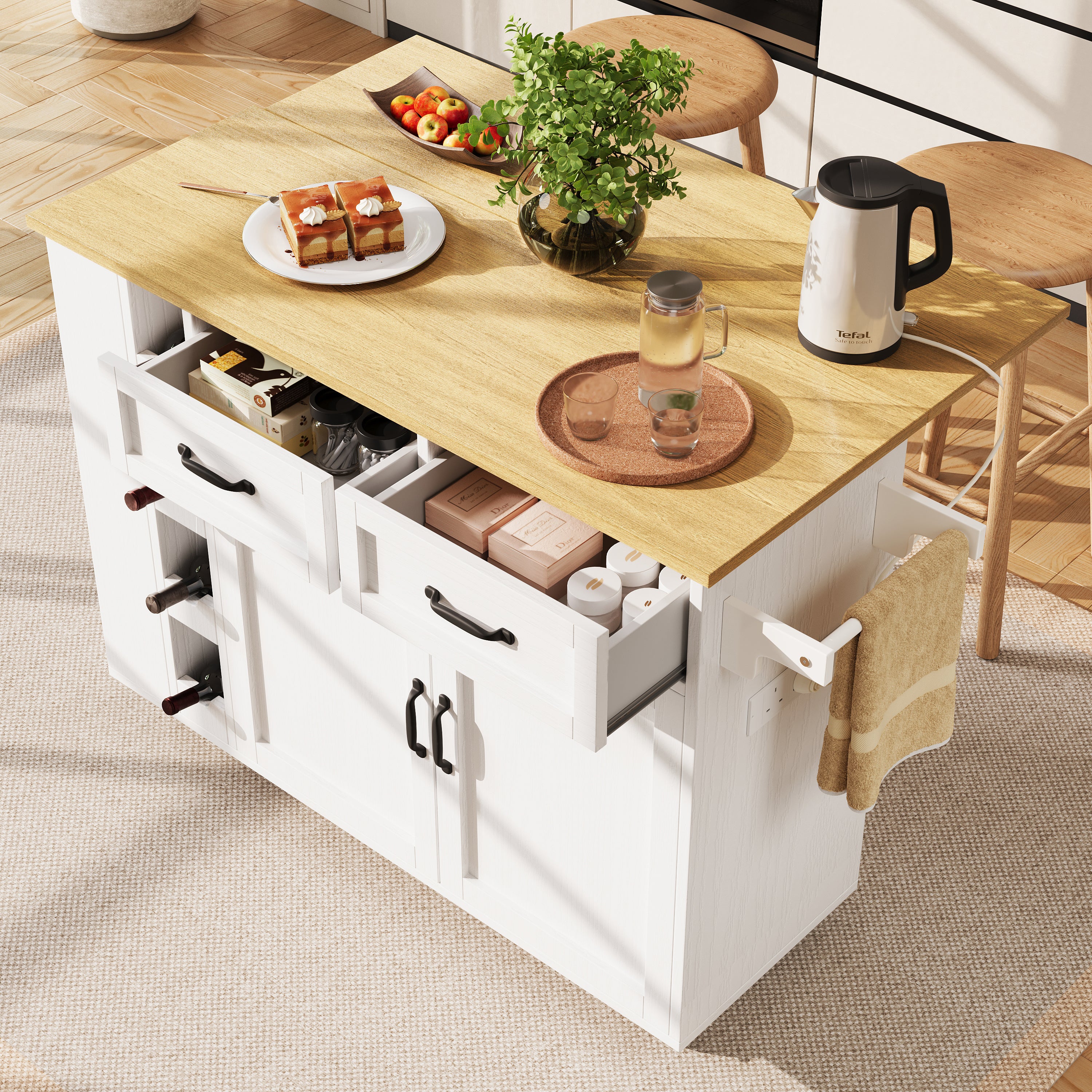 Kitchen island, kitchen trolley equipped with power socket, kitchen cabinet, removable serving trolley with wine rack, buffet cabinet, dining trolley with wood grain, buffet cabinet, white