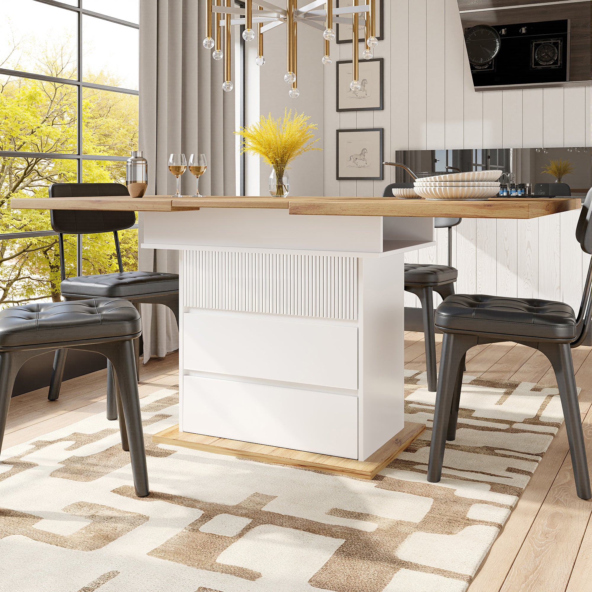 Telescopic dining table (110-140 x 80 cm), foldable kitchen table for 4-6 people, extendable dining table, space-saving kitchen table, for kitchen and living room, dining table with three shelves