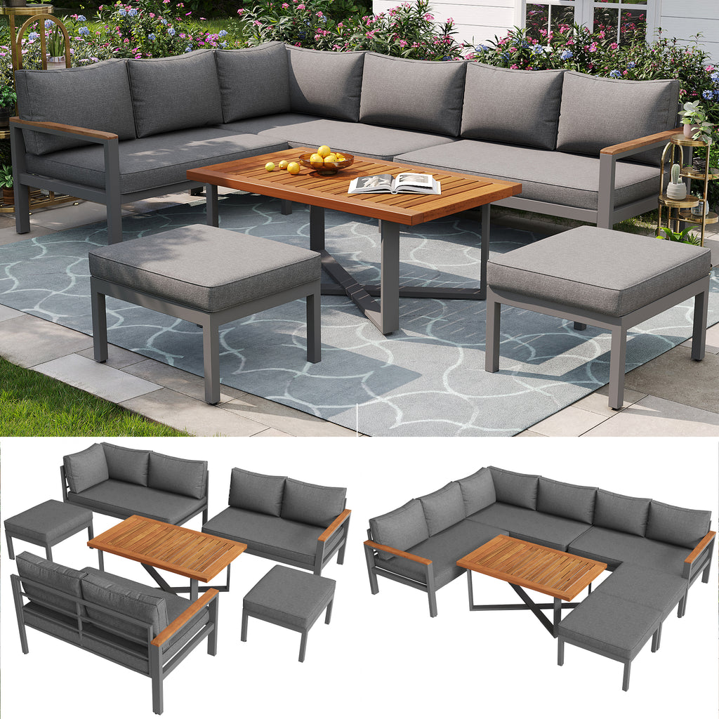 Outdoor Patio&Backyard Furniture Garden Lounge Set for 7-8 people, Thick Quality Space Saving L-Shaped Corner Sofa with Wooden Coffee Table and 2 Stool Table Box, Grey