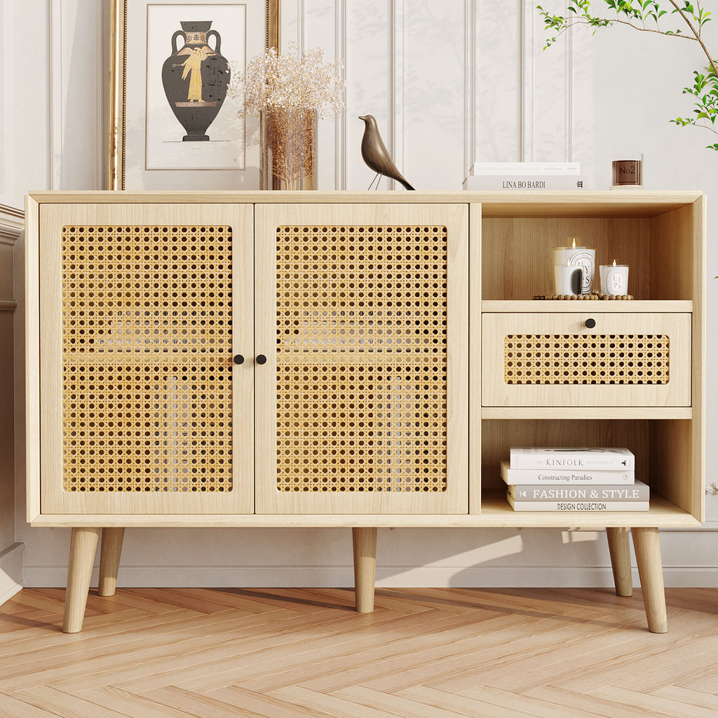 Modern simple sideboard 120*40*80cm, light-colored wooden woven door design, with drawers and unique legs, creating a warm and comfortable home atmosphere