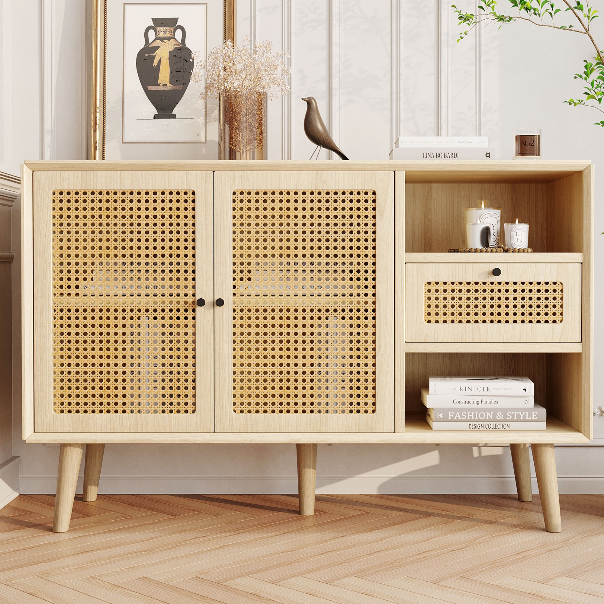 Modern simple sideboard 120*40*80cm, light-colored wooden woven door design, with drawers and unique legs, creating a warm and comfortable home atmosphere