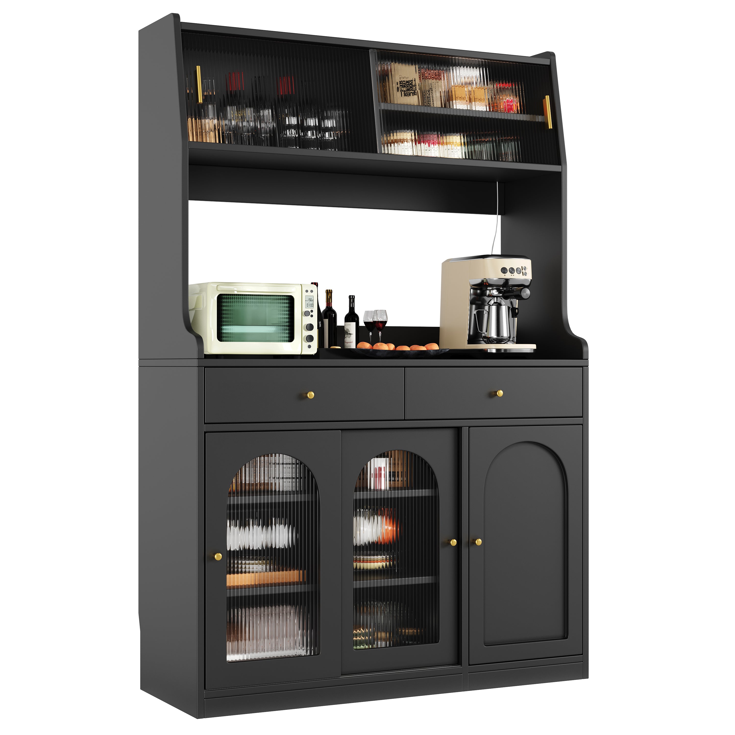 Kitchen Cabinet(120*40*180cm), Tall Cabinet, Display Cabinet, Buffet Cabinet with Adjustable Shelves, Dining Room Cabinet with 2 Drawers, Sideboard with LED Lighting, Variable Light Colors, Black