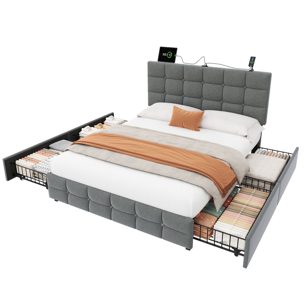 4ft6 Double Upholstered Bed with 4 Storage Drawers, Velvet Bed Frame with Charging Station. Adjustable Button Tufted Headboard with USB and Type - C Ports, No Box Spring Needed, Grey (No Mattress)