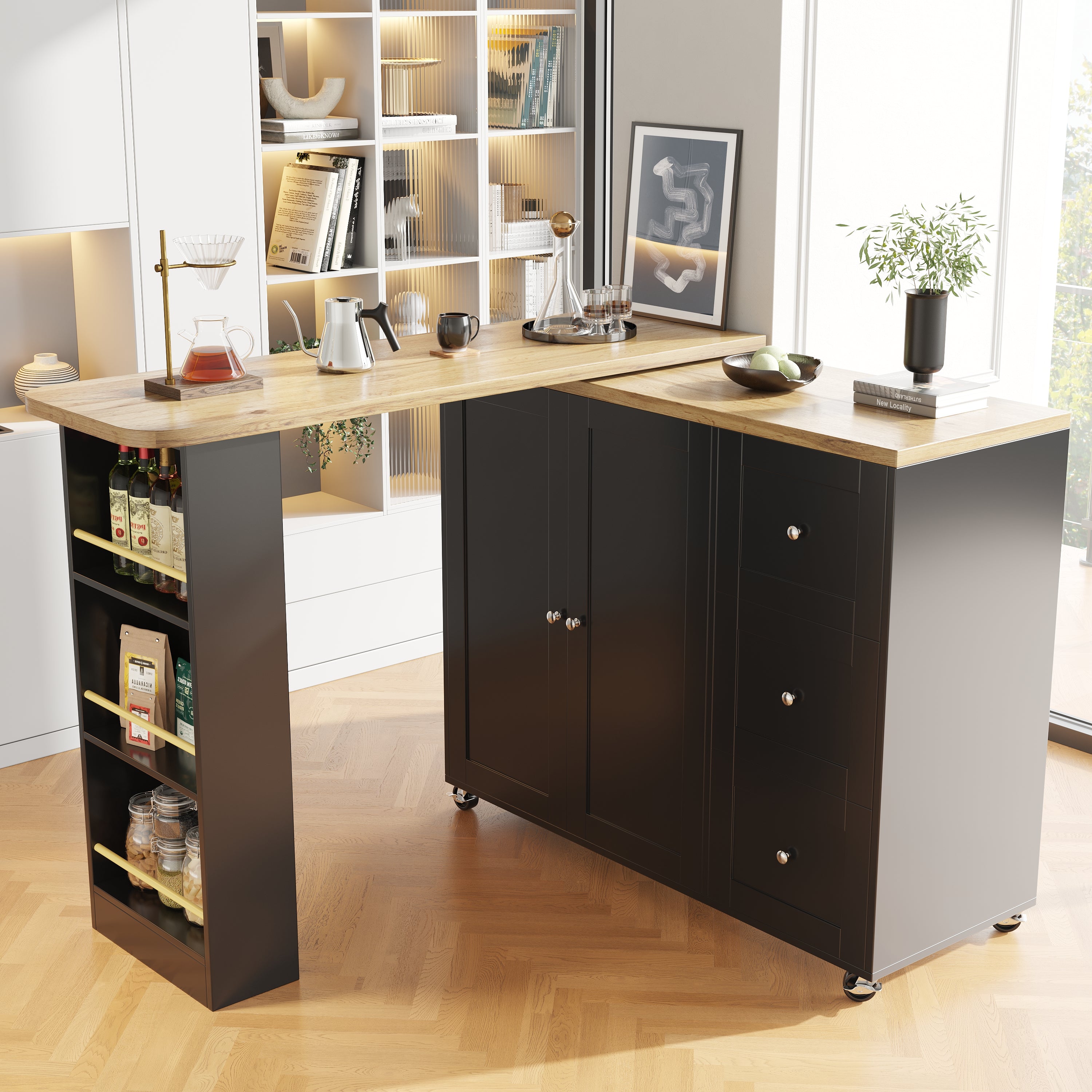 360° swivelling dining table (138-209 x 39 x 106 cm) on castors, bar table, black, with three drawers and snack rack, multifunctional storage island, suitable for kitchen and living room.