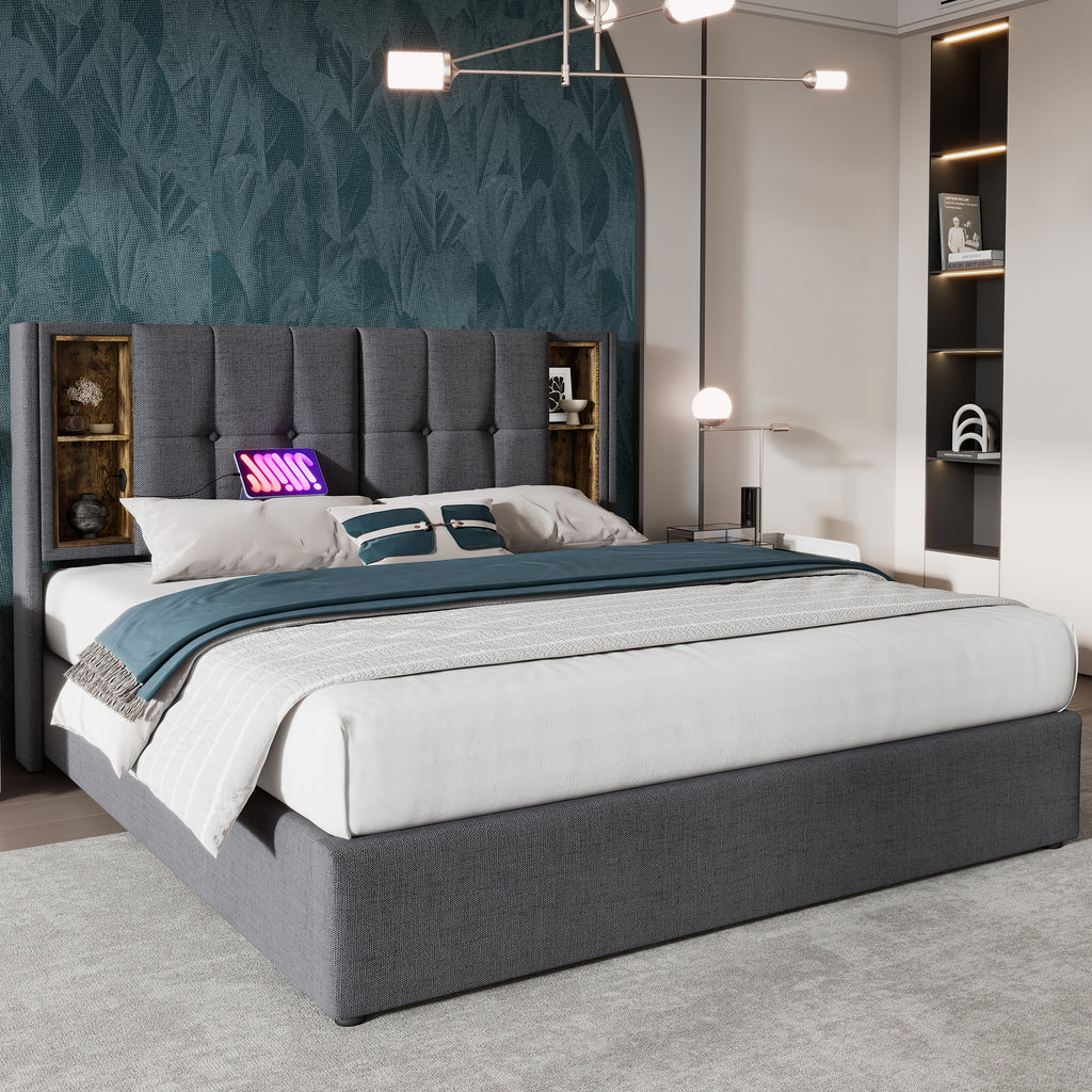 Upholstered Bed 5FT King Size Bed 150 x 200 cm with Wireless Charging(USB Type-C), Hydraulic Bed with Large Storage Space, Linen Fabric,Grey(No Mattress)