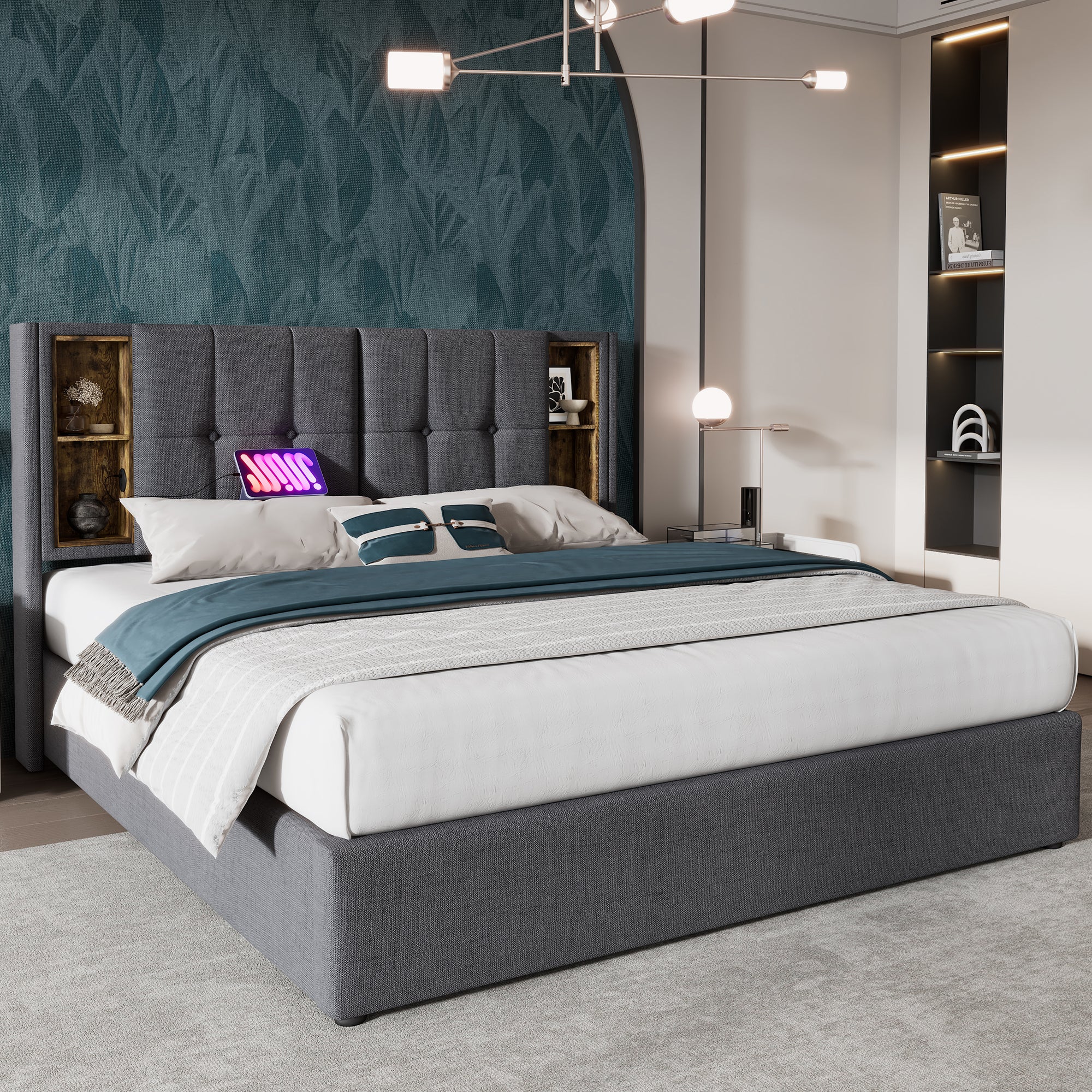 Upholstered Bed 6FT Super King Size Bed 180 x 200 cm with Wireless Charging (USB Type-C), Hydraulic Storage Bed with Hydraulic Lever, Linen Bed Frame with Large Storage Space,Grey(No Mattress)