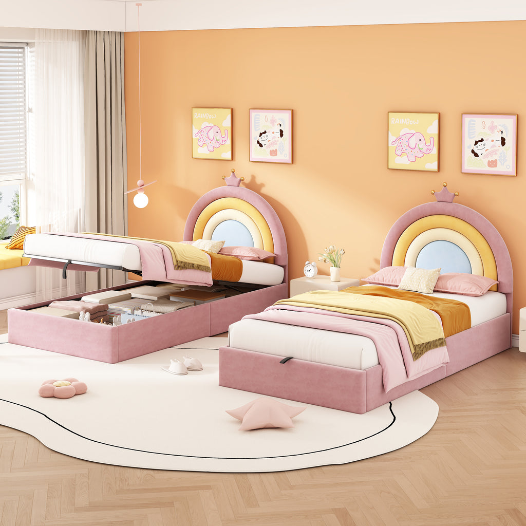 3ft Single Upholstered Hydraulic Bed with Adjustable Rainbow Headboard, Soft Velvet Bed Frame with Hydraulic Storage, Stylish Rainbow Headboard with Crown, No Box Spring Needed, Pink (No Mattress)