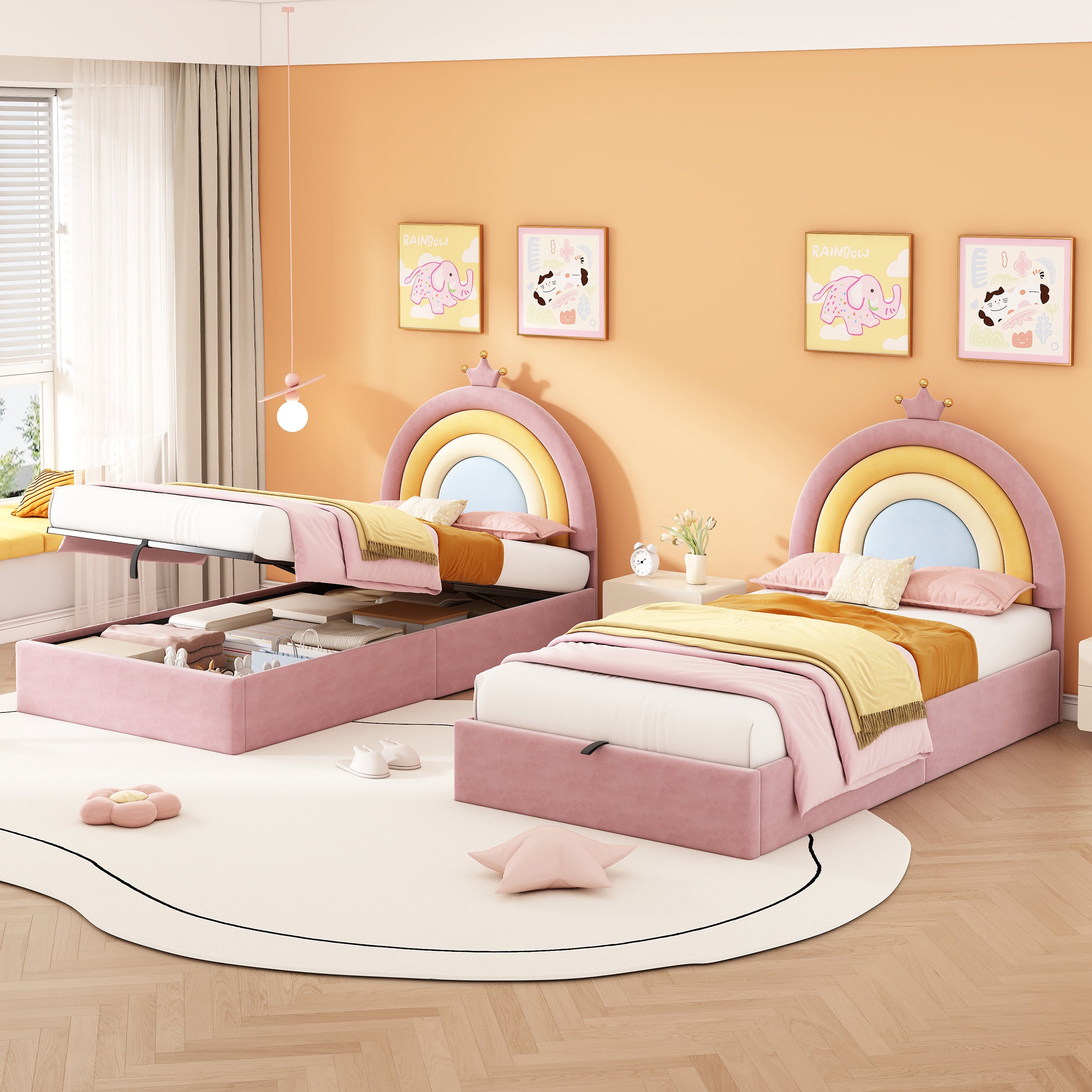 3ft Single Upholstered Hydraulic Bed with Adjustable Rainbow Headboard, Soft Velvet Bed Frame with Hydraulic Storage, Stylish Rainbow Headboard with Crown, No Box Spring Needed, Pink (No Mattress)