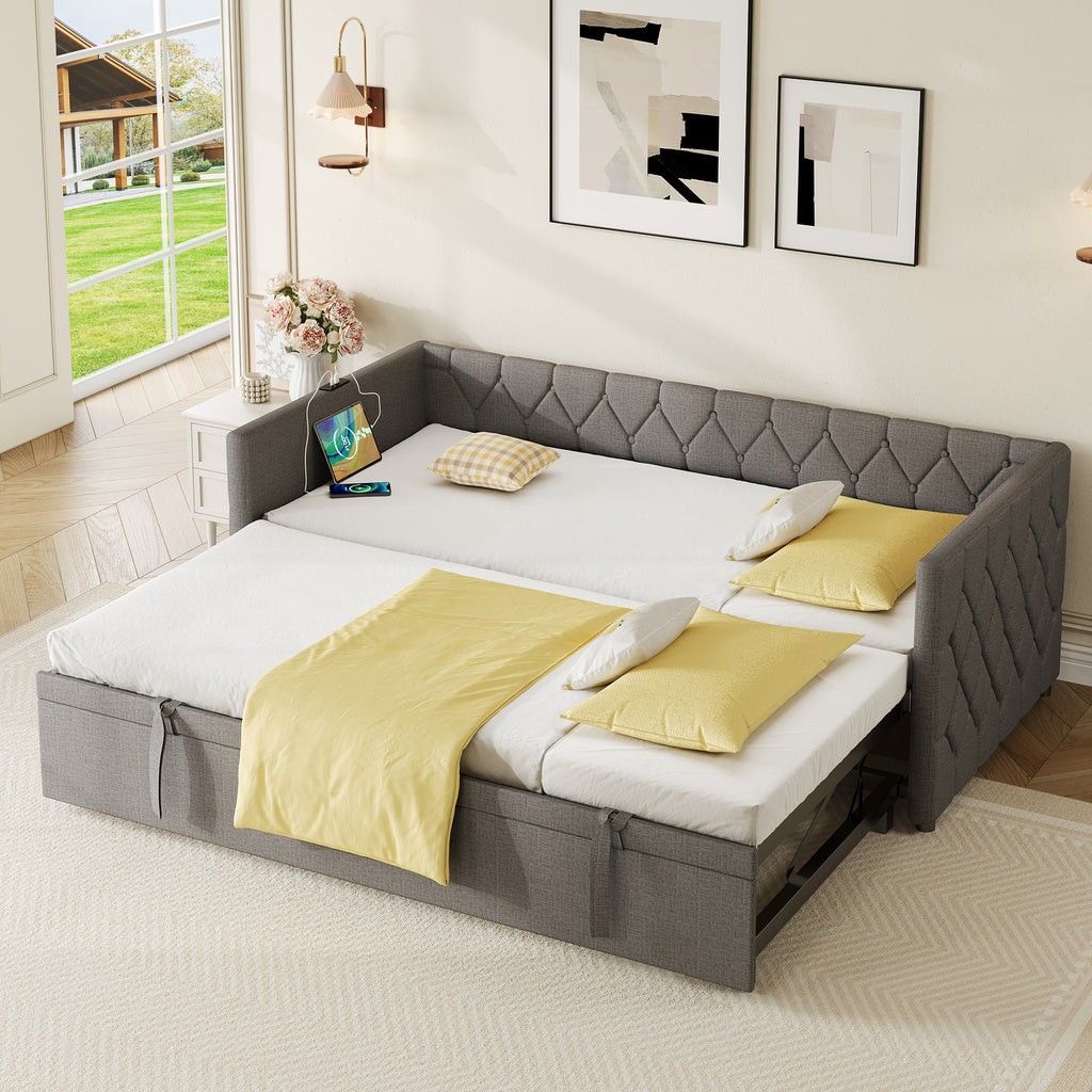 Upholstered Daybed, Sofa Bed with Charging Station, 3ft Single Button-tufted Bed with USB and Type - C Ports, Pull out Trundle Bed for Living Room/ Bedroom/ Study Room, Linen, Grey (No Mattress)