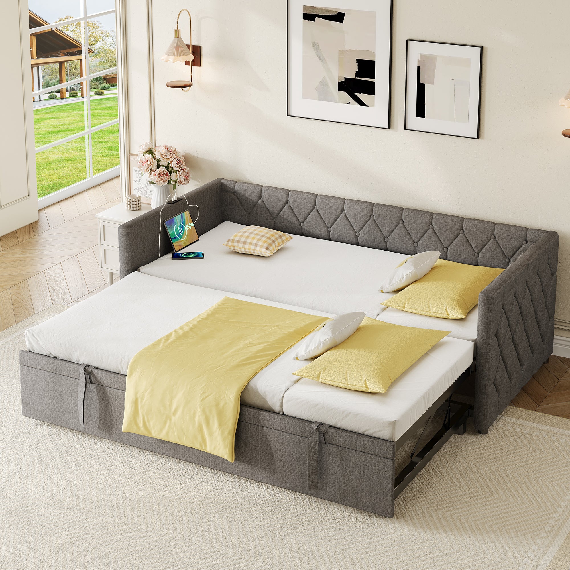 Upholstered Daybed, Sofa Bed with Charging Station, 3ft Single Button-tufted Bed with USB and Type - C Ports, Pull out Trundle Bed for Living Room/ Bedroom/ Study Room, Linen, Grey (No Mattress)