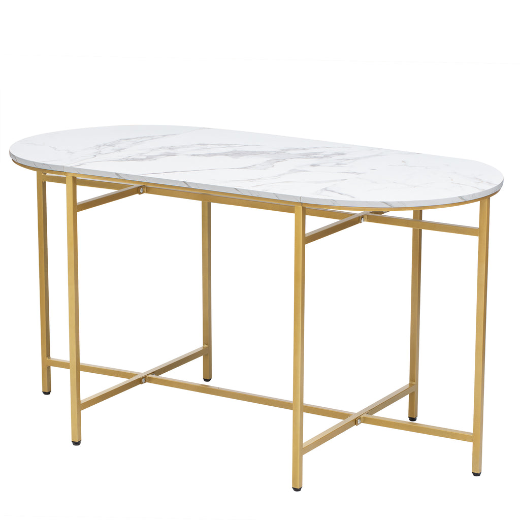 Dining group, (set, with dining table, 4 small stools and 2 large stools), kitchen dining table set made of steel frame, modern white and gold, 140*70*76cm, load capacity 120 kg