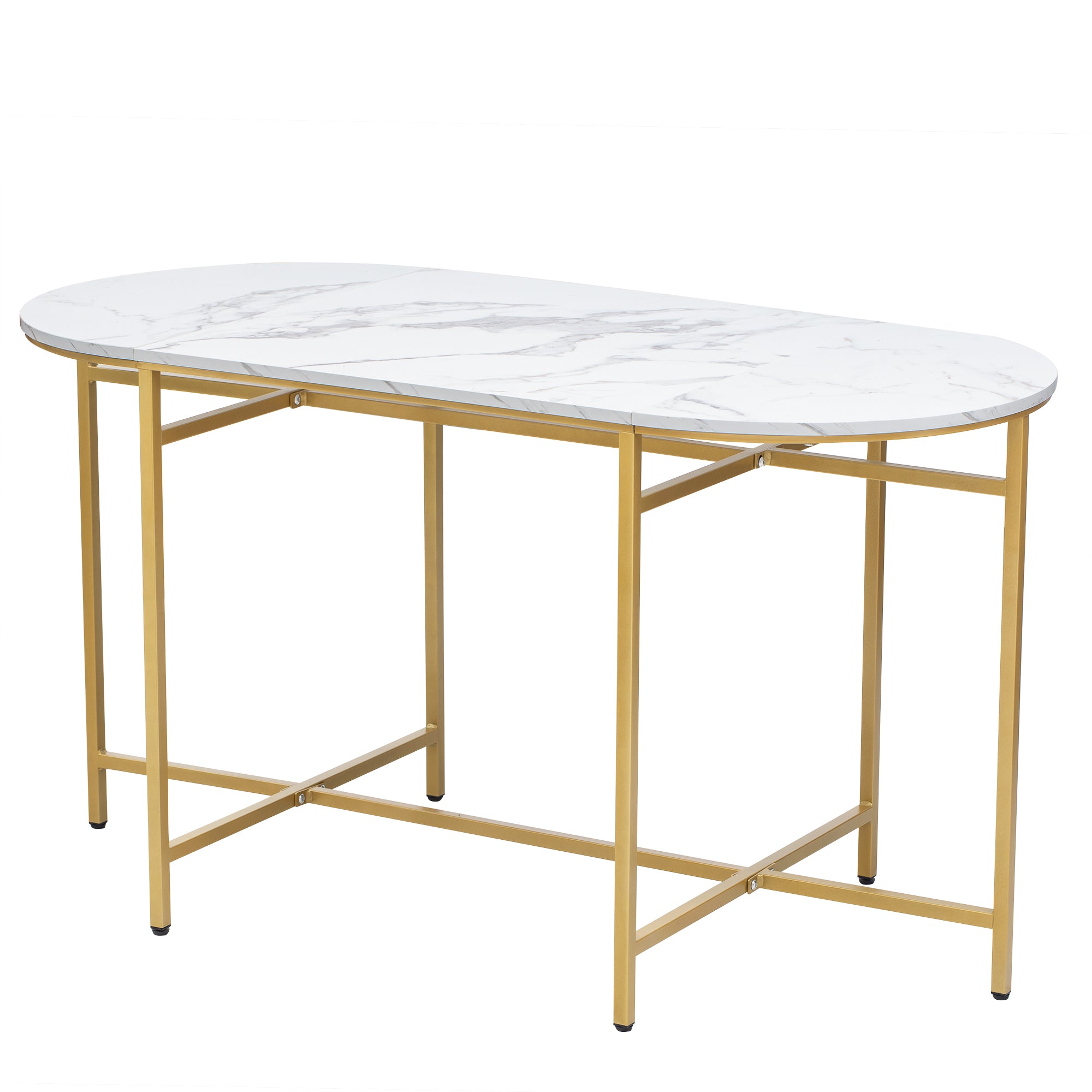 Dining group, (set, with dining table, 4 small stools and 2 large stools), kitchen dining table set made of steel frame, modern white and gold, 140*70*76cm, load capacity 120 kg
