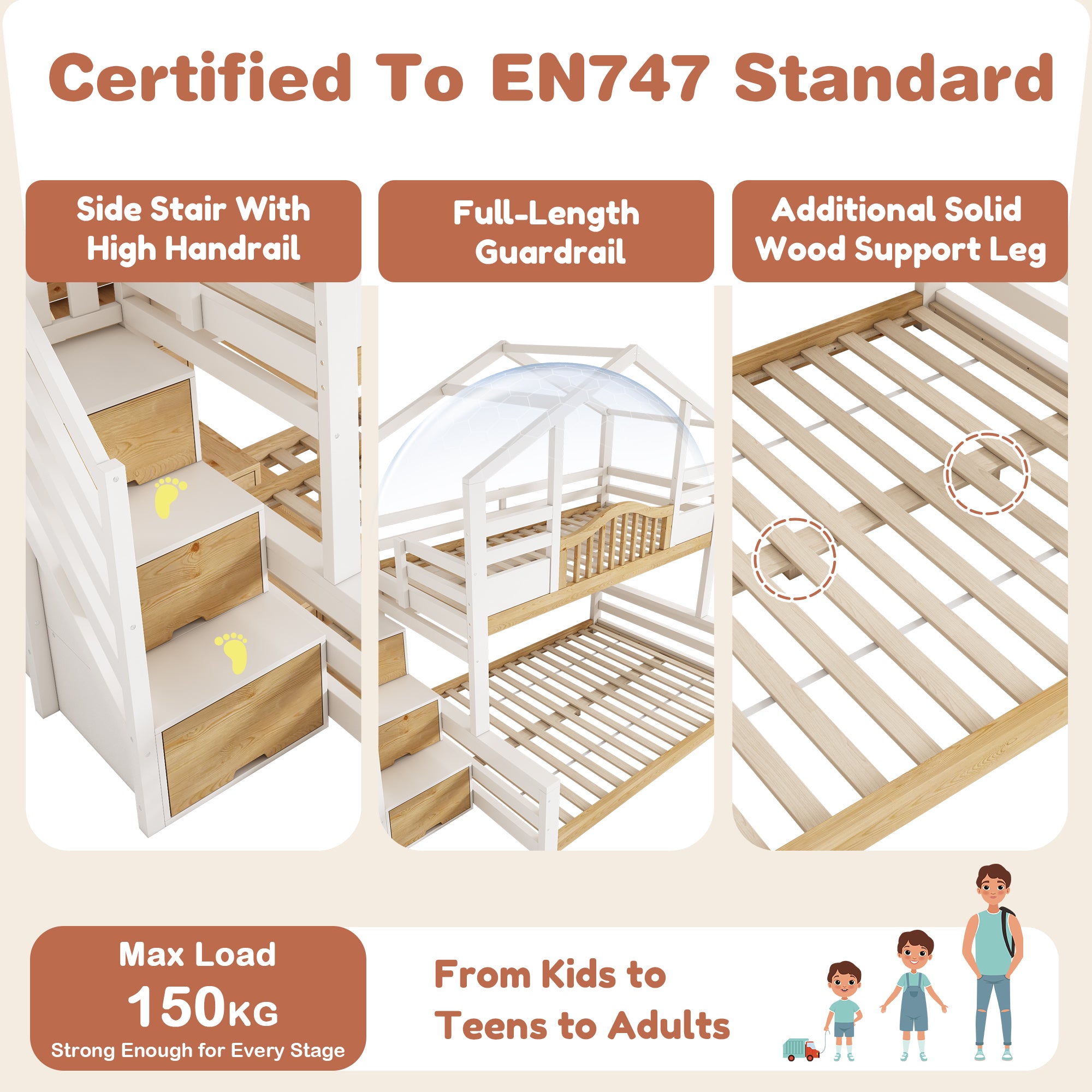 Bunk Beds for Kids, Staircase Bunk with Storage Space, Small House-shaped Children's Bed, Double Bunk Bed for Family with Multiple Children, (90+135) x 190 cm, Solid Wood, White & Natural
