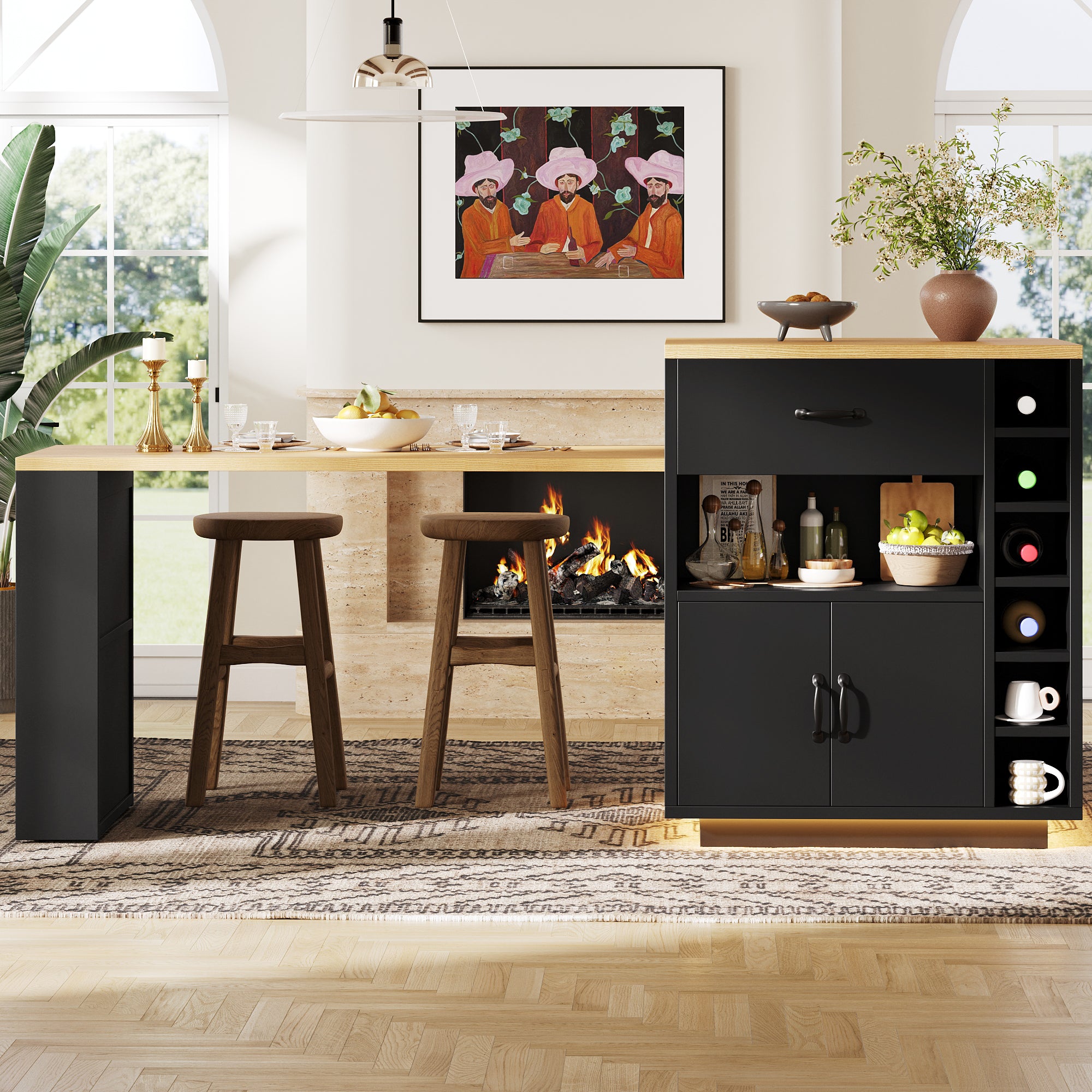 Extendable Kitchen Island with Dining Table, Multifunctional Storage Cabinet with Drawers, Doors, Wine Rack & LED Light, for Kitchen & Dining Room