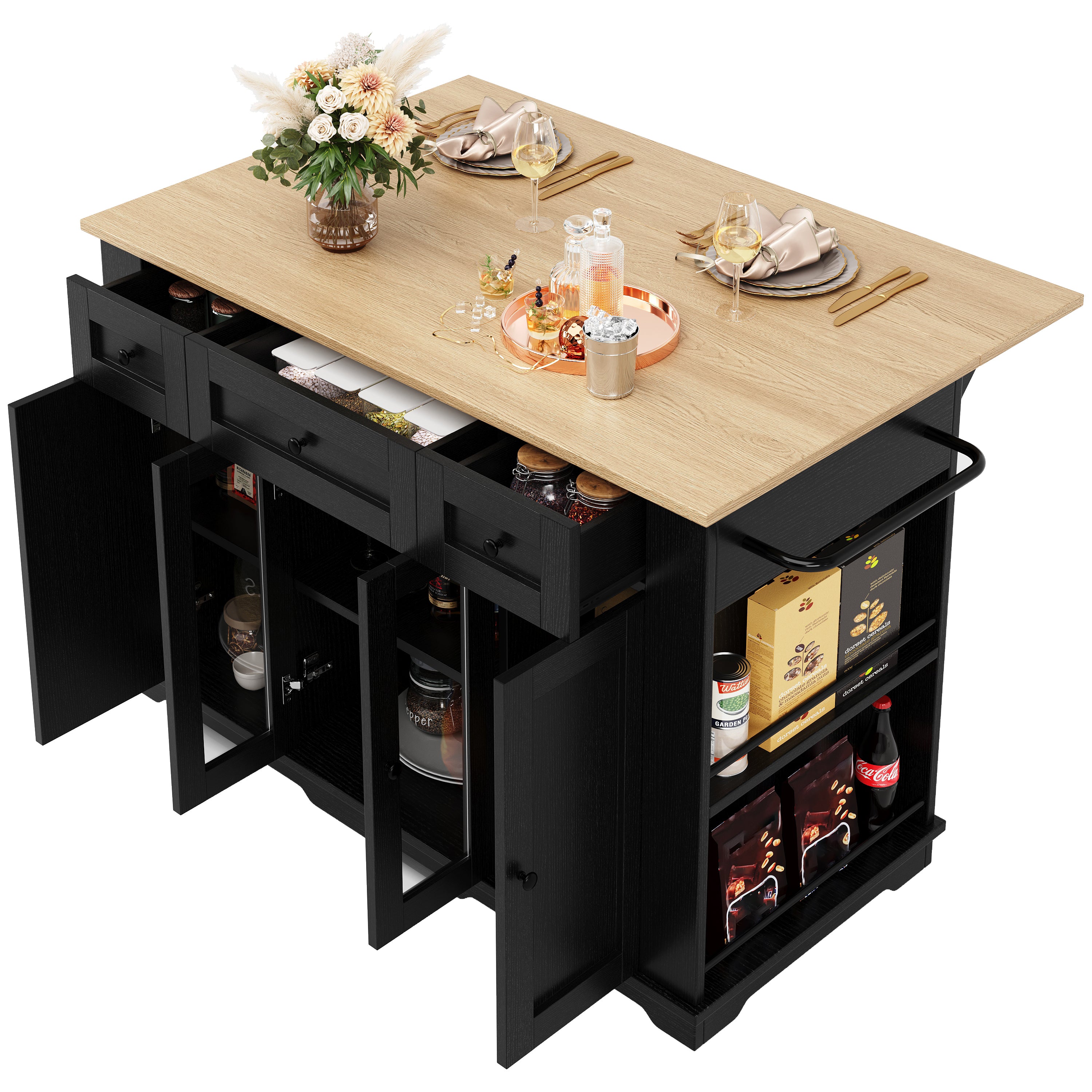 Kitchen island, (151.5x60x91.7cm)removable partitions, kitchen cabinet, dining trolley with worktop, sideboard, dining trolley with wood grain finish, sideboard, tempered glass cabinet, white/black