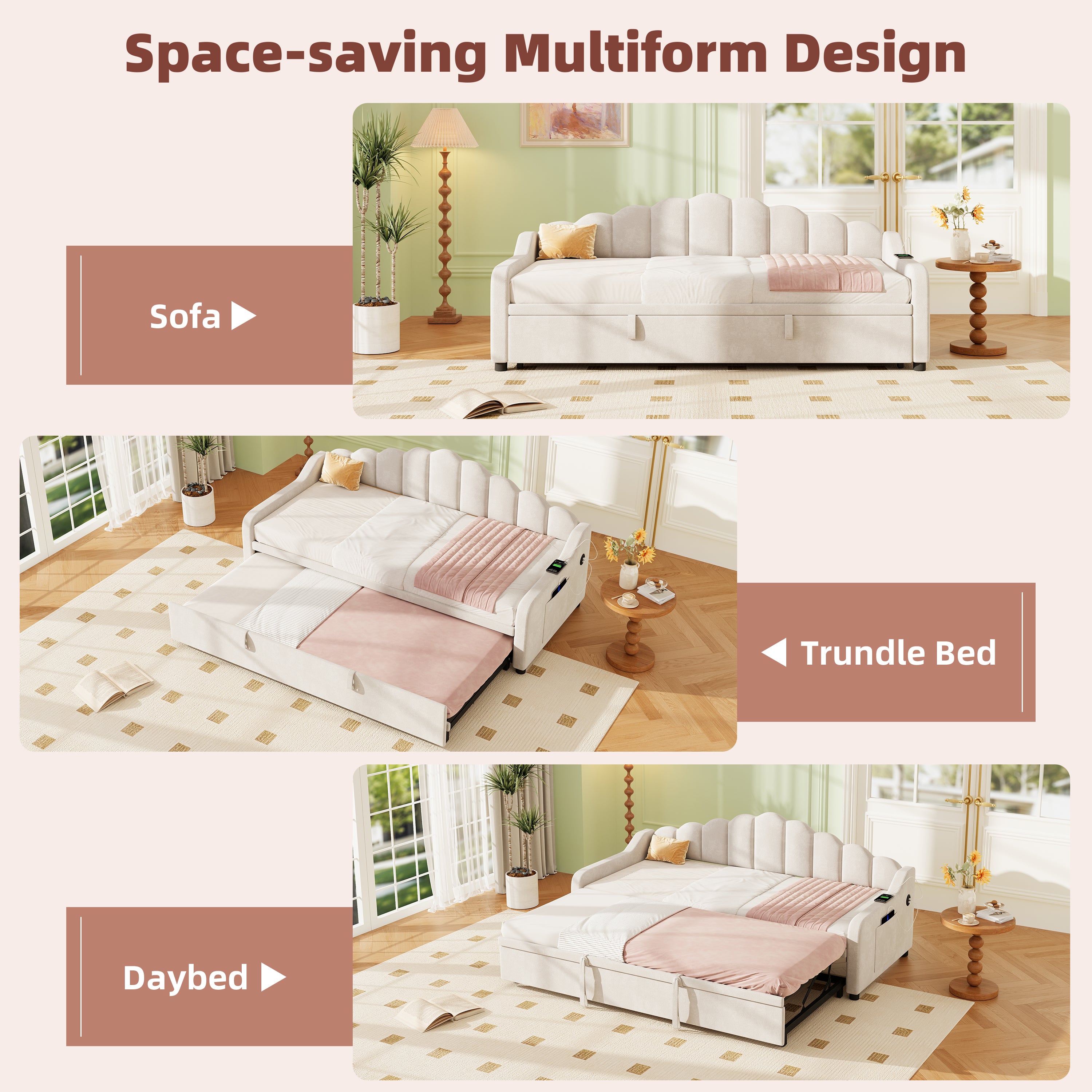 3ft Single Daybed with Pull-out Trundle, Velvet Upholstered Sofa Bed with Side Charging Station & Storage Pockets, Chic Fluted Scalloped Backrest, Beige (No Mattress)
