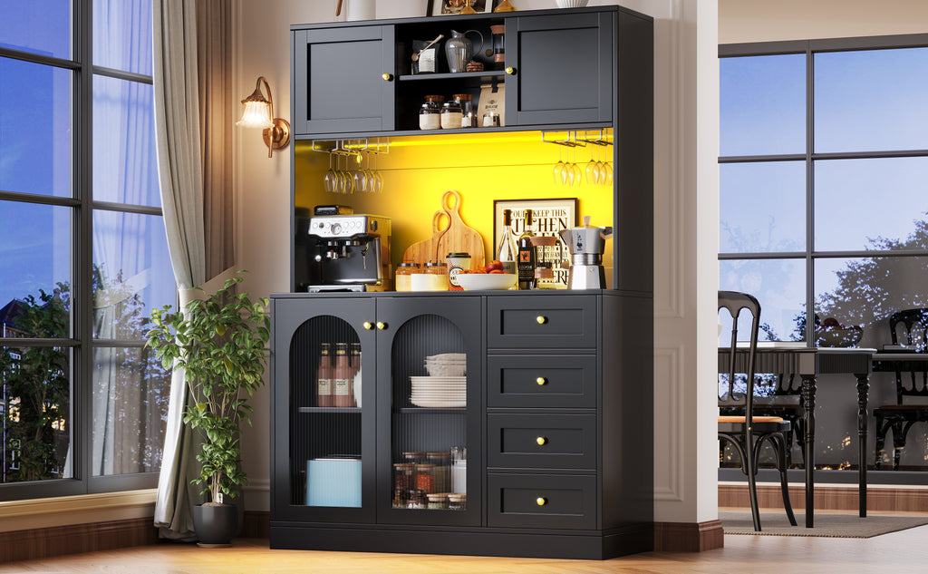 Sideboard / Storage Cabinet / Kitchen Cabinet / Buffet Cabinet, 120x40x188cm, Farmhouse Style, 4 Doors, with LED Light Strip & Drink Holders, Black/White (Fluted Glass Doors)