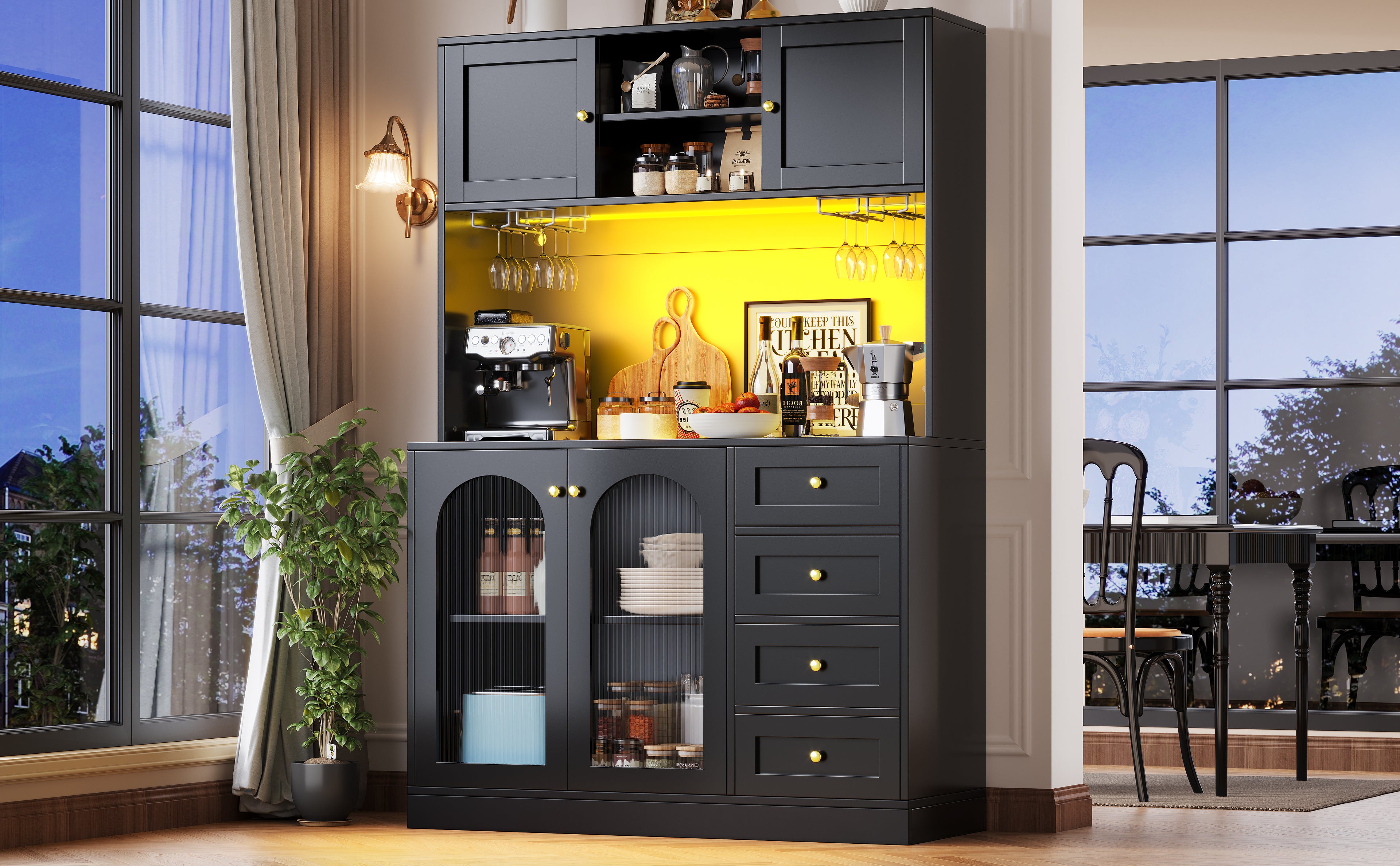 Sideboard / Storage Cabinet / Kitchen Cabinet / Buffet Cabinet, 120x40x188cm, Farmhouse Style, 4 Doors, with LED Light Strip & Drink Holders, Black/White (Fluted Glass Doors)