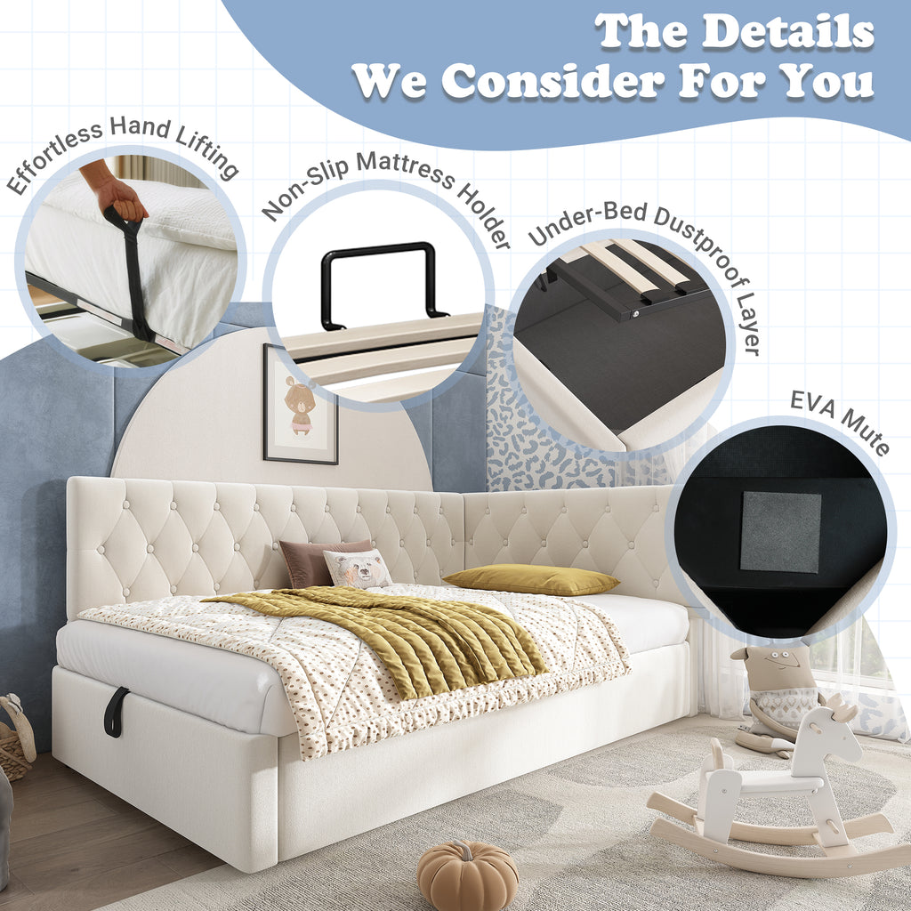 Daybed Upholstered Bed with Storage, 3FT Single Sofa Bed 90 x 190 cm, Ottoman Bed with Hydraulic Storage, Metal Slatted Bed Frame, Velvet, Beige (No Mattress)
