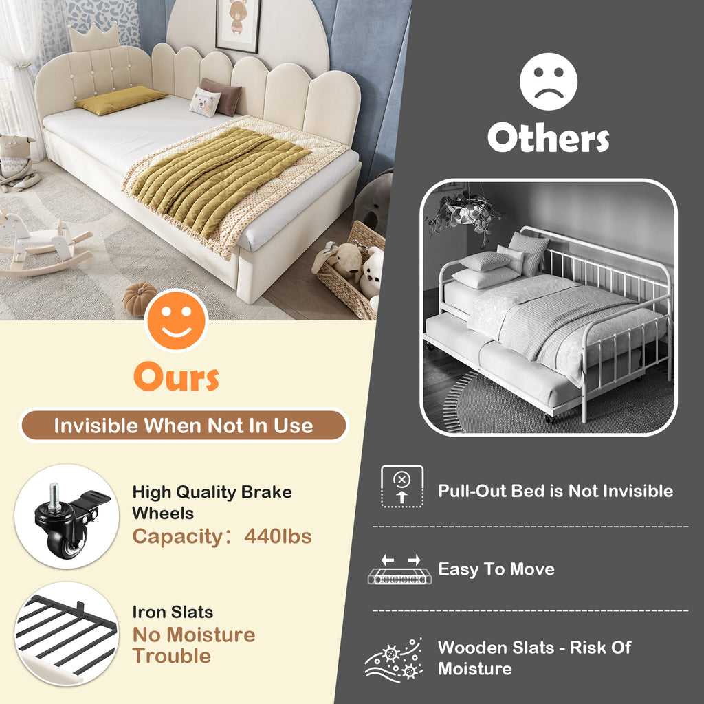 Upholstered Daybed with Pull-Out Bed, Crown-shaped Trundle Bed, 3FT Single Sofa Bed 90 x 190 cm, Guest Beds for Adults & Children, Bed with Metal Slatted Frame, Velvet, Beige (No Mattress)
