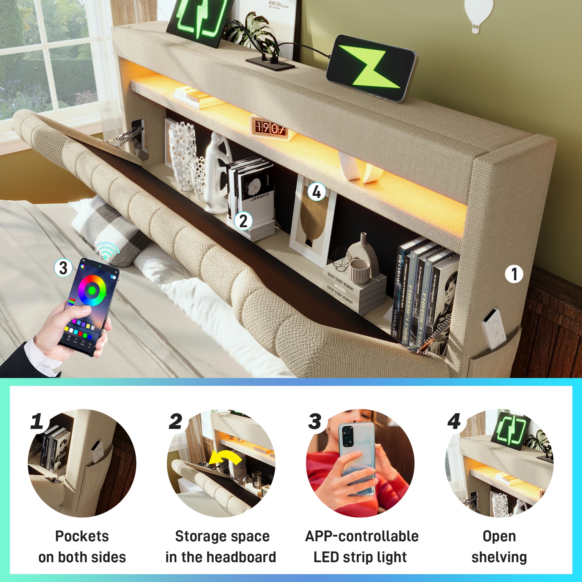 Upholstered Bed 150 x 200 cm with LED Lighting, USB Type-C Charging, Storage Headboard for Cellphones and Tablets, 5ft Hydraulic Storage Bed with Metal Slatted Frame, Linen, Beige (No Mattress)