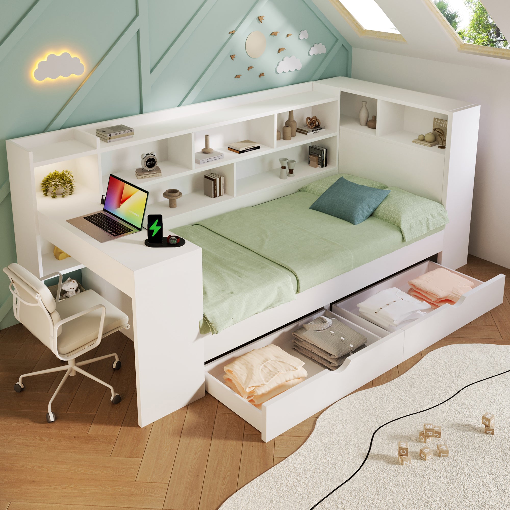 Single Daybed with Bookcase & Computer Desk, 3FT Sofa Bed with Storage, Drawers & USB Type-C Port, 90 x 190 cm Multi-functional Wooden Bed Frame for Living Room/ Bedroom, White (No Mattress)
