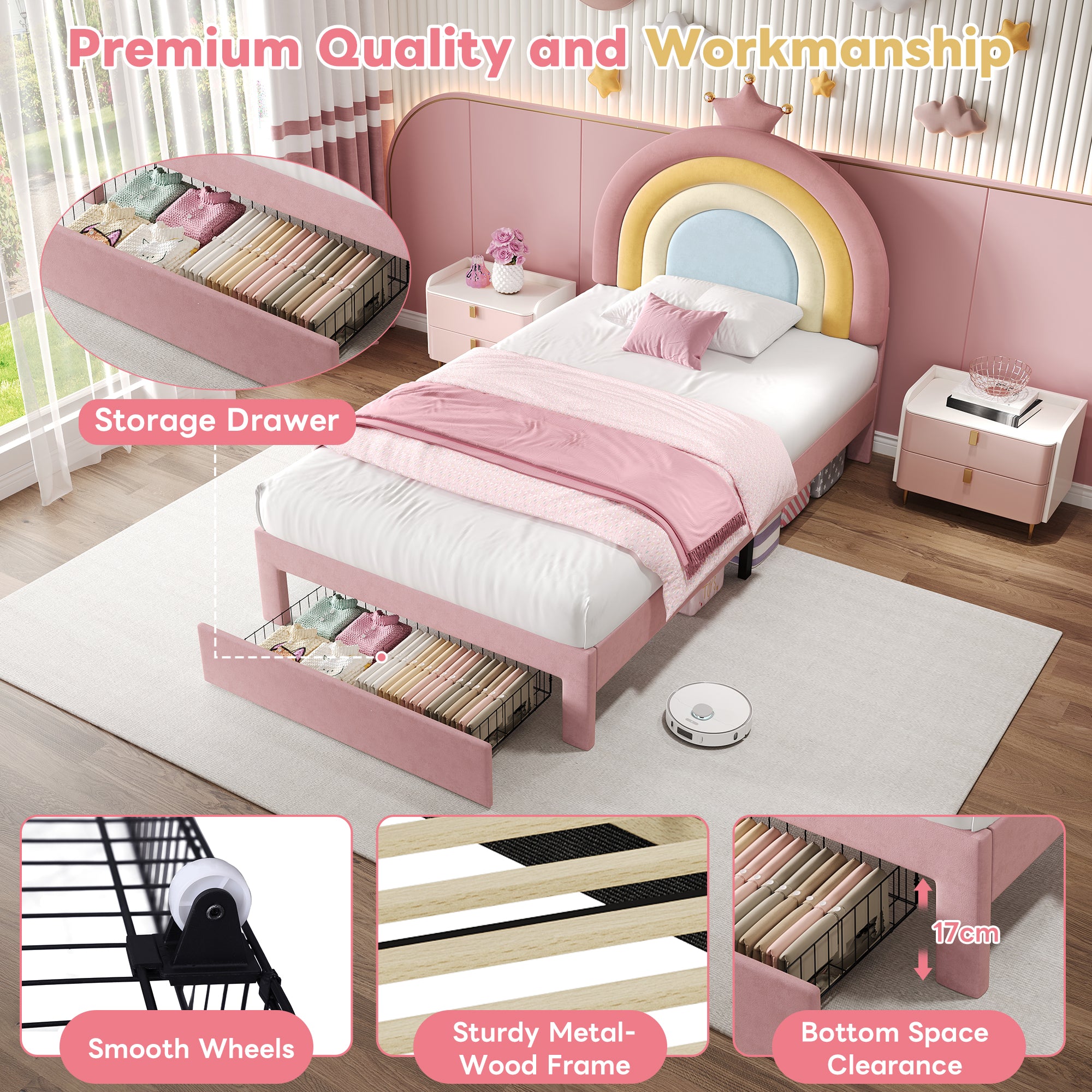 3ft Single Upholstered Bed with Adjustable Rainbow Headboard, Soft Velvet Bed Frame with Storage Drawer, Stylish Rainbow Headboard with Crown, No Box Spring Needed, Easy Assembly, Pink (No Mattress)