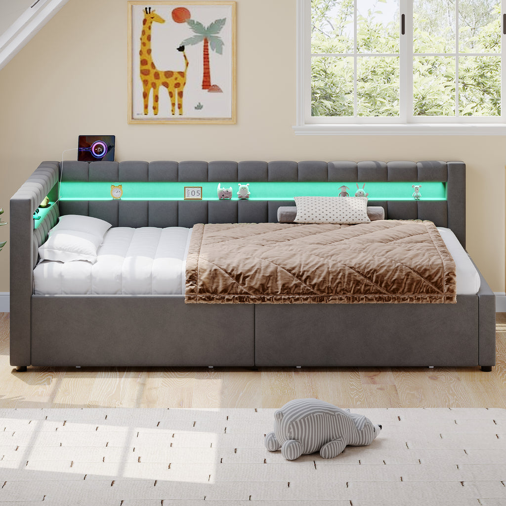 3ft Single Daybed with Two Storage Drawers, LED Modern Channel Tufted Bed Frame with Charging Station, Velvet Sofa Bed for Living Room/ Bedroom/ Study Room, 90X190cm, Easy Assembly, Grey(No Mattress)
