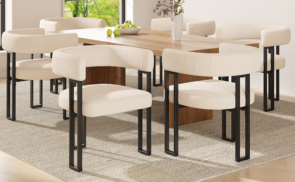 High-quality fabric (6-piece set) dining chairs, dressing chairs, ergonomic chairs, lightweight luxury chairs with curved backrest, beige