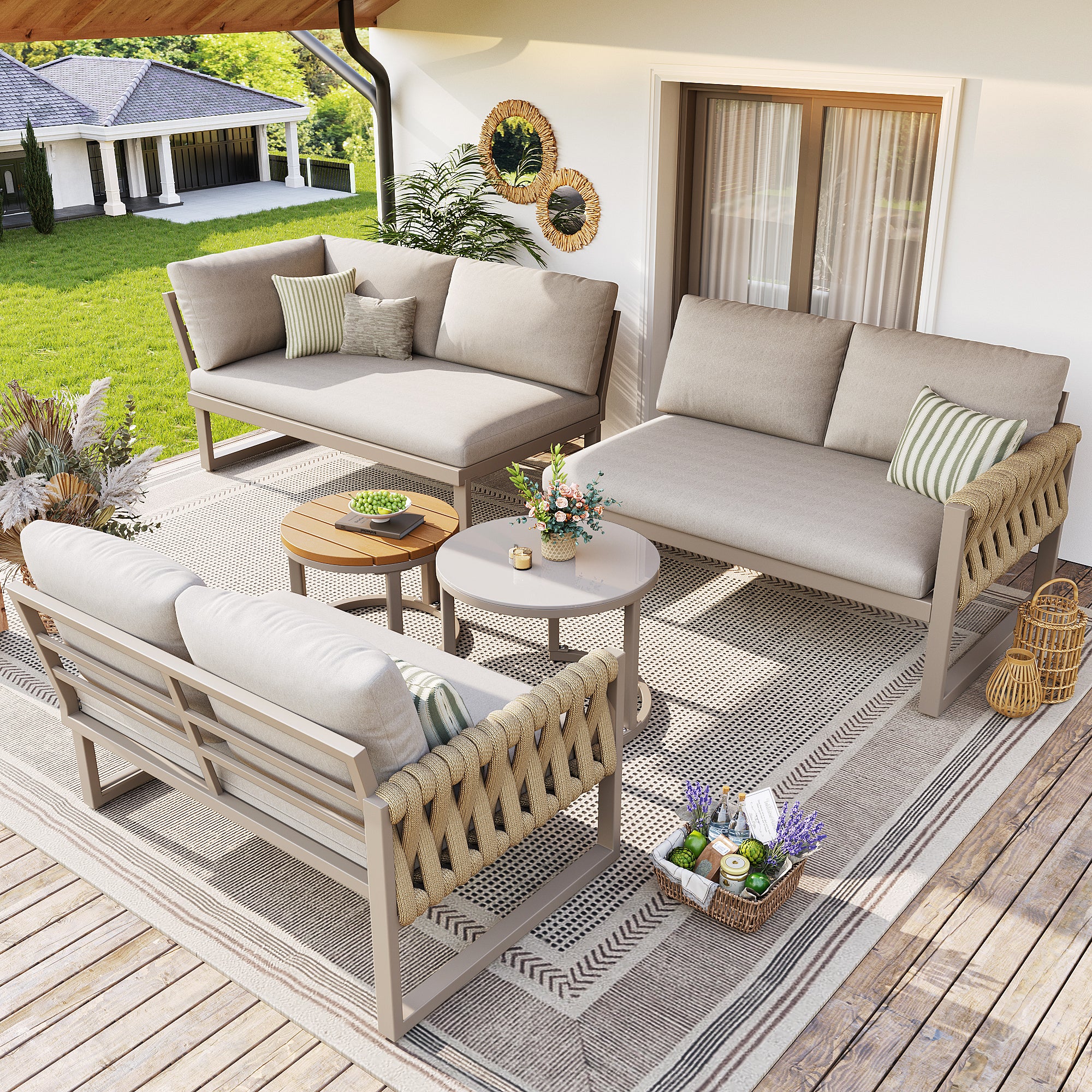 Garden furniture set with adjustable legs, water-repellent and removable cushions, modular garden lounge set for 5-6 people, suitable for balconies, gardens, and patios, beige