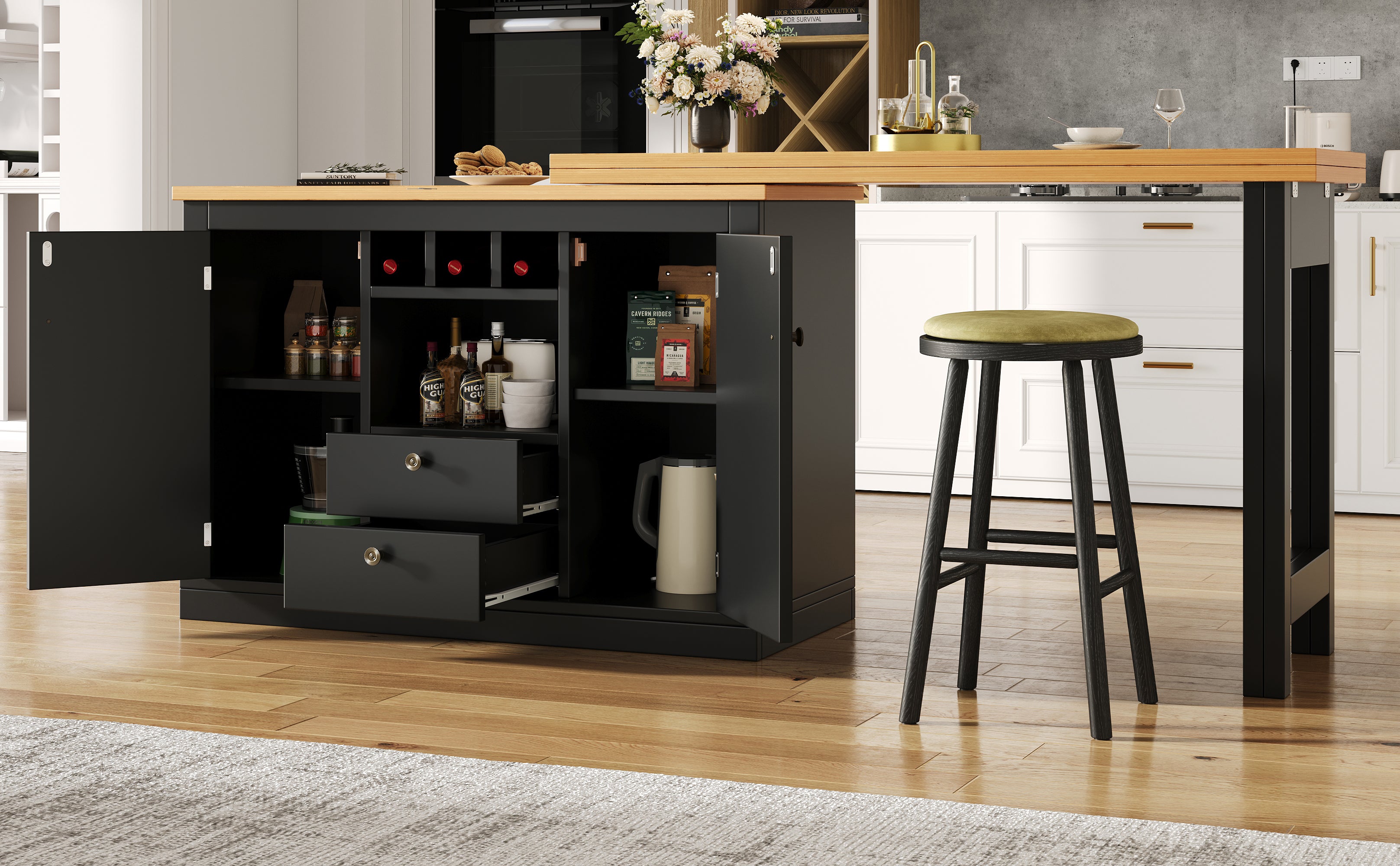 360° rotation, bar table (main body 120-180 x 40 x 76 cm), coffee bar furniture, rotatable dining bar with storage, kitchen island, double doors with wine rack, adjustable shelves, open storage space