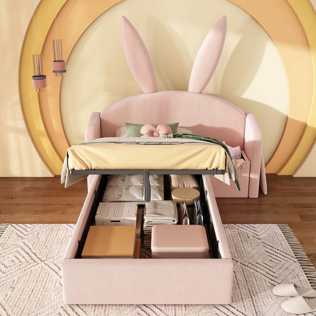 Bunny Ears Kids Bed, Single Upholstered Bed with Hydraulic Storage & Nightstand, Children Bed Frame for Girls Bedroom, 90 x 190 cm, Rose, No Mattress