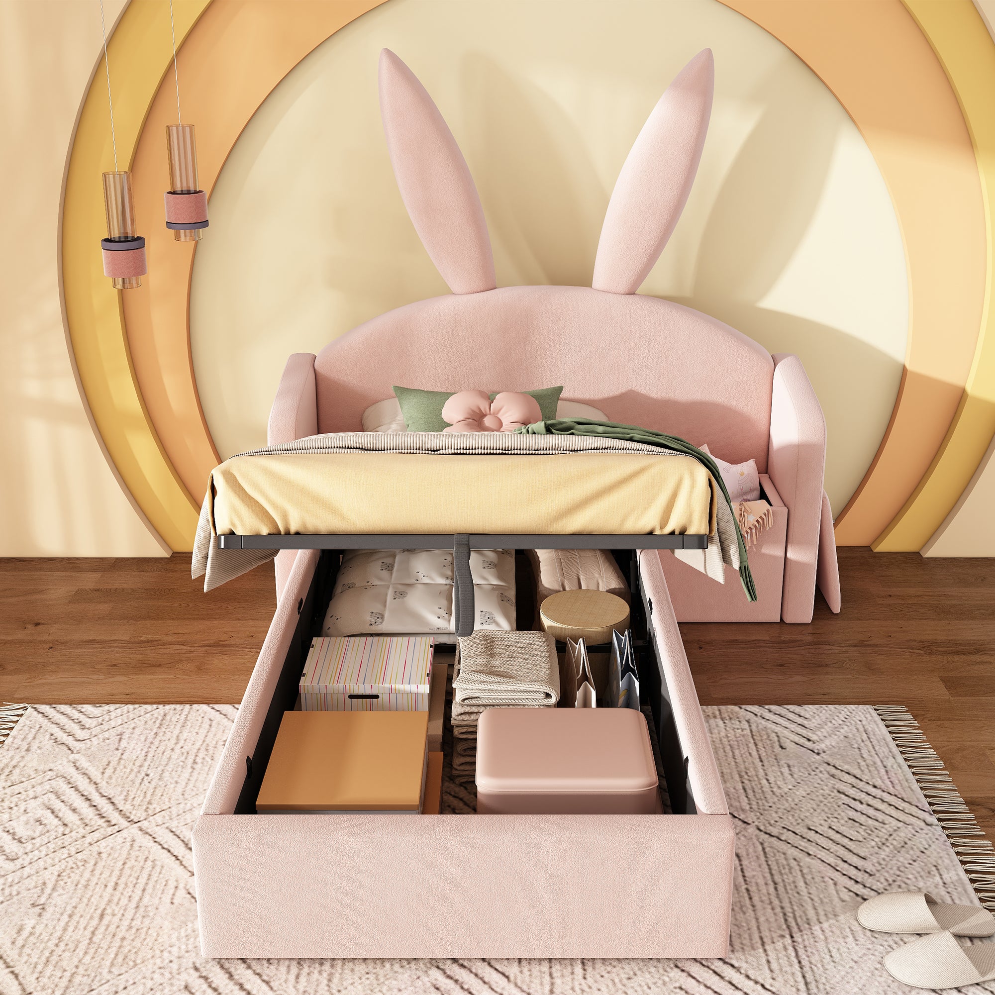 Bunny Ears Kids Bed, Single Upholstered Bed with Hydraulic Storage & Nightstand, Children Bed Frame for Girls Bedroom, 90 x 190 cm, Rose, No Mattress