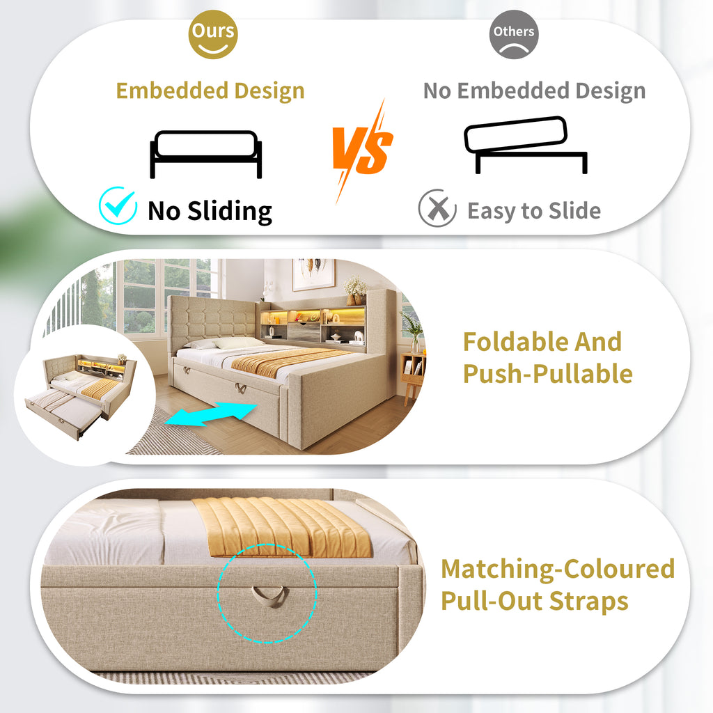 Daybed Upholstered Bed 90 x 190 cm, 3FT Single Sofa Bed with Storage, USB &Type C Charging Station, Pull out Trundle for Living Room and Bedroom, Linen, Beige (No Mattress)
