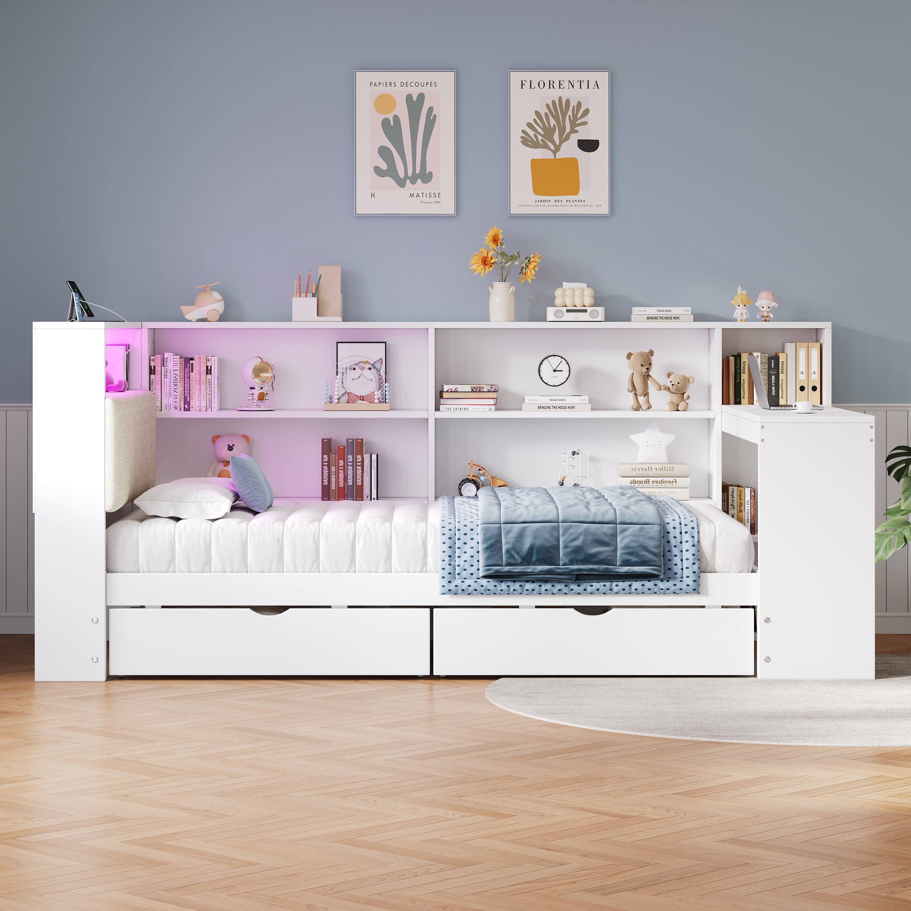 3ft Single L-Shape Daybed with Storage Drawers and Bookcase Storage, LED Linen Concealed Headboard Storage with Charging Station, Wood Bed for Living Room/ Bedroom/ Study Room, White (No Mattress)