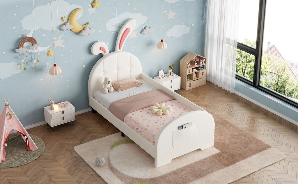 3ft Single Rabbit-Shaped Upholstered Bed Frame, Bunny Ear Headboard & Footboard Storage Pocket, Soft PU Leather Single Bed with Sturdy Metal-Wood Frame, Cream White (No Mattress)