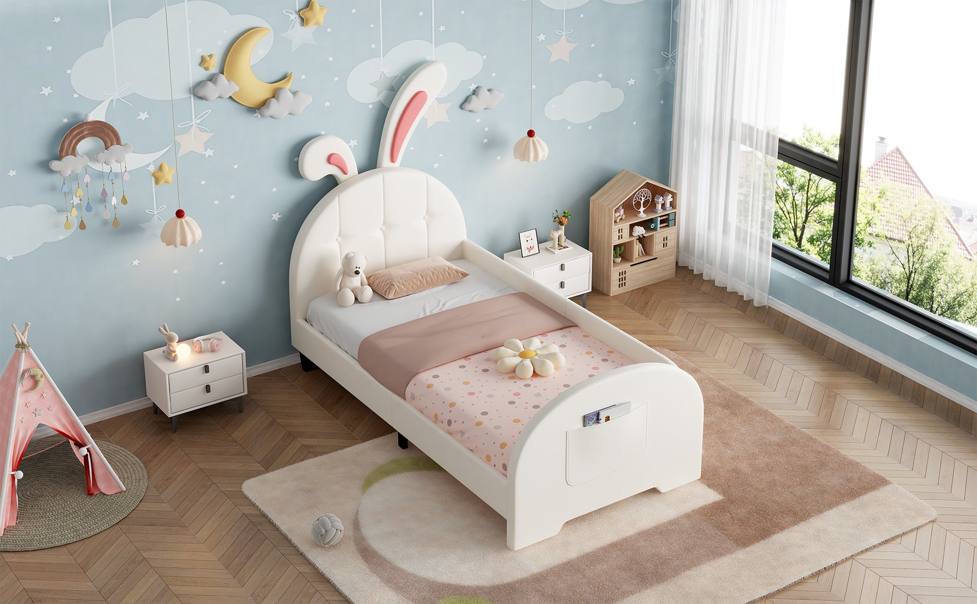 3ft Single Rabbit-Shaped Upholstered Bed Frame, Bunny Ear Headboard & Footboard Storage Pocket, Soft PU Leather Single Bed with Sturdy Metal-Wood Frame, Cream White (No Mattress)