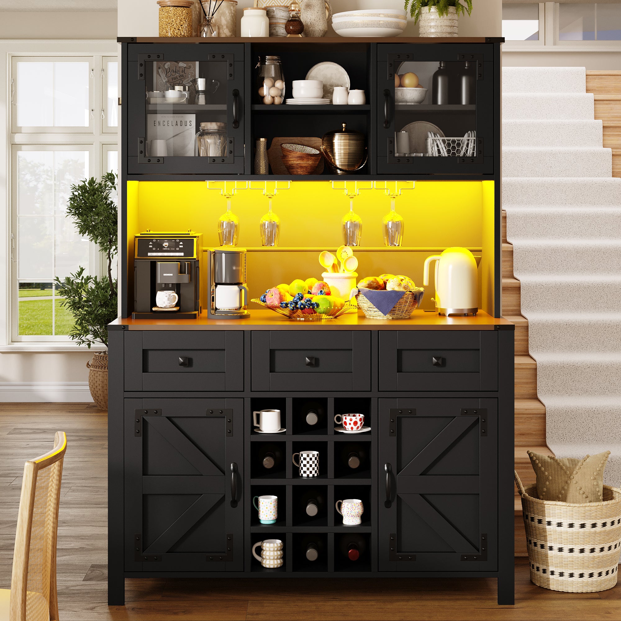 Tall Kitchen Cabinet with 4 Doors & 3 Drawers, USB Ports & Power Outlets, LED Light Strip, Modern Storage Sideboard, Side Cabinet for Kitchen & Living Room, 120 x 40 x 170 cm, Black