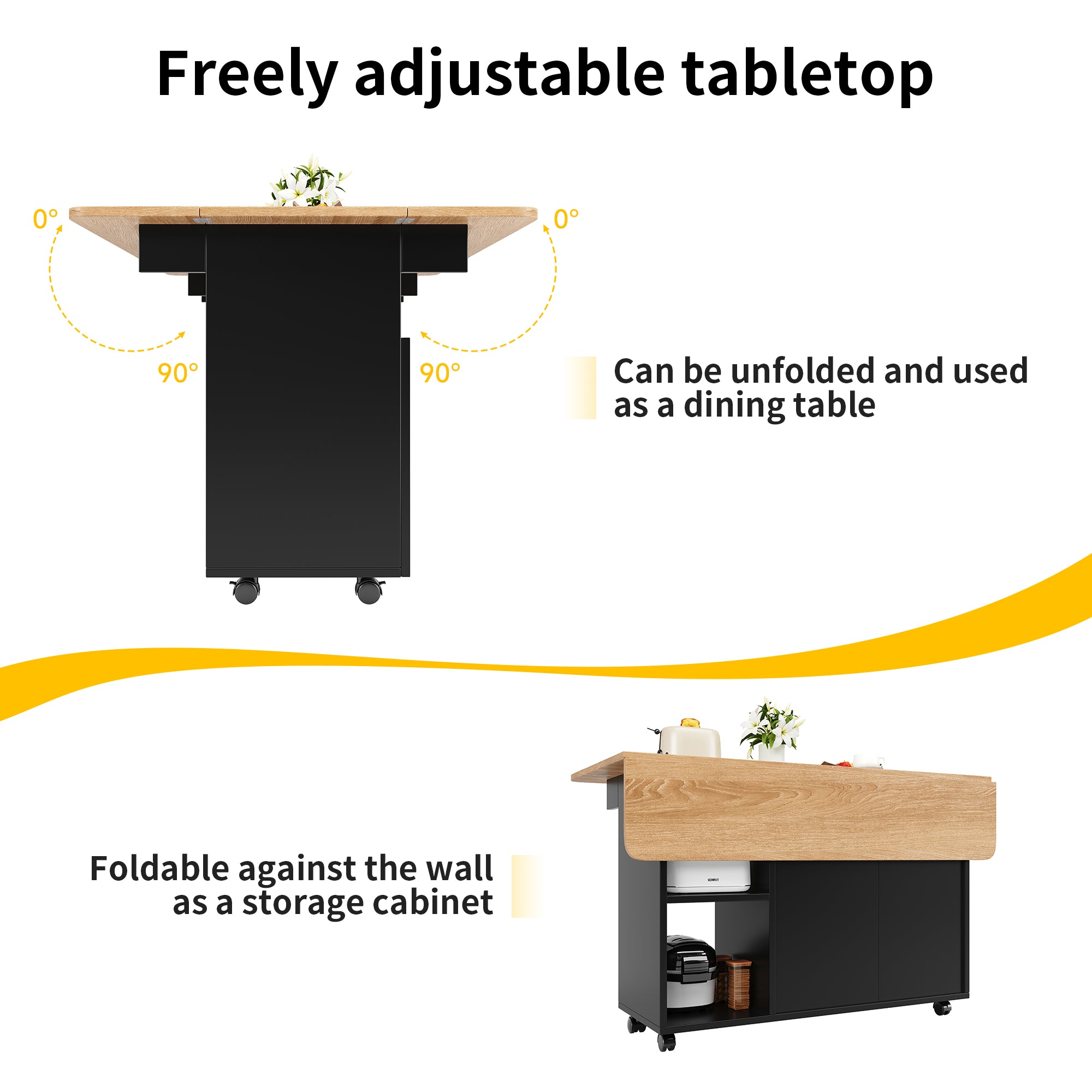 Kitchen island, kitchen cabinet, removable serving trolley, buffet cabinet, dining trolley with wood grain, buffet cabinet, multifunctional dining table with storage space, Black