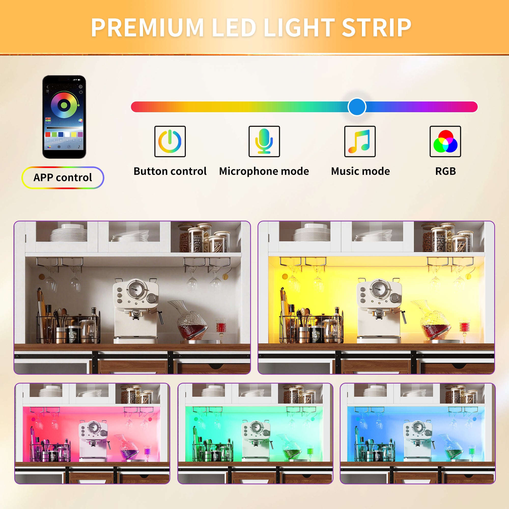 Modern tall cabinet with LED lighting & app control, kitchen cabinet or dining room cabinet with drawer, sideboard with sliding door and three drawers,White