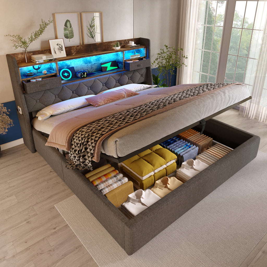 Upholstered Bed 6ft Hydraulic Bed with LED Lighting, USB Type-C Charging, Storage Headboard for Cellphones & Tablets, 180 x 200 cm Super King Bed with Metal Slatted Frame, Linen, Grey (No Mattress)