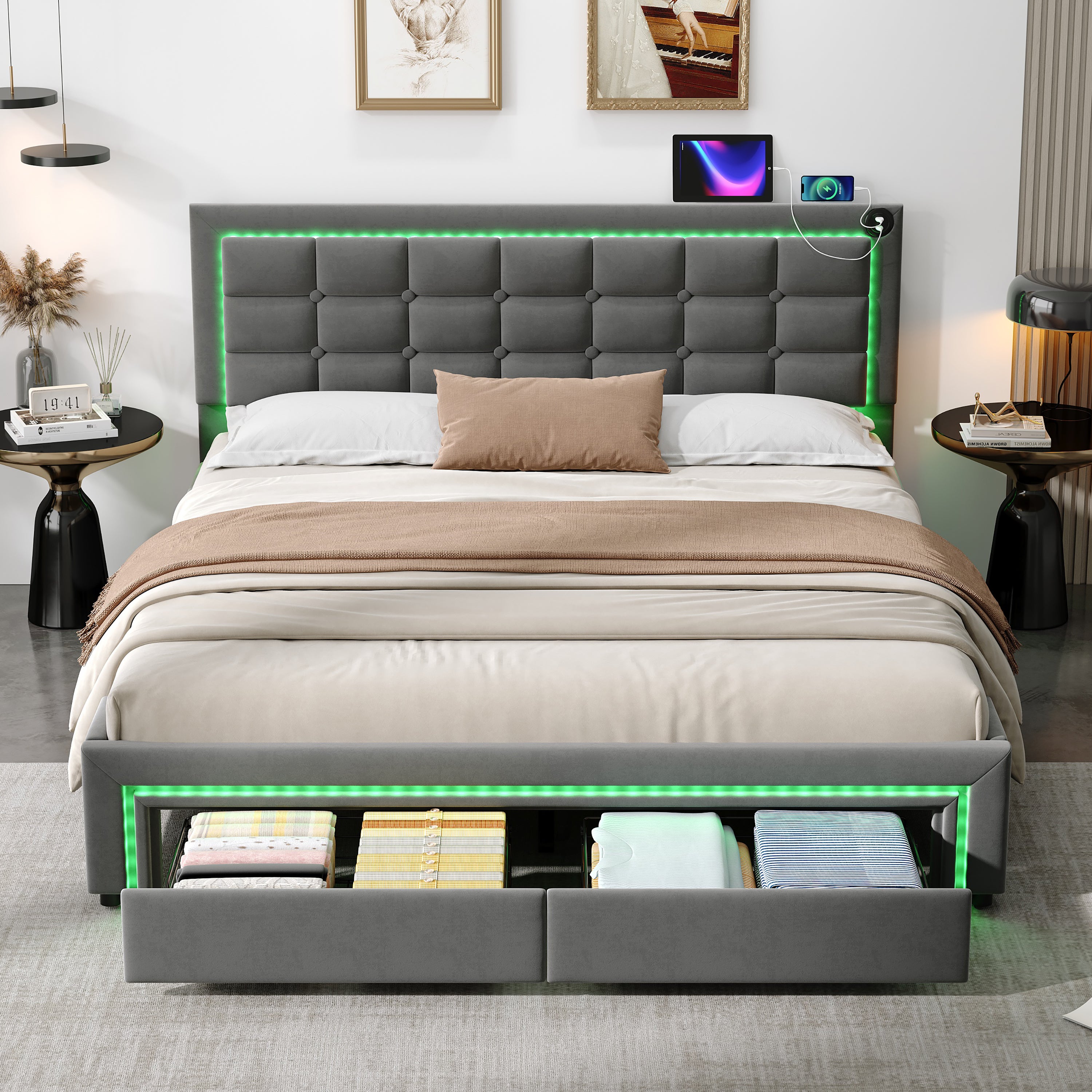 5ft King Upholstered Bed Frame with Hydraulic and Drawers Storage, LED Adjustable Button Tufted Headboard with Charging Station, Velvet Hydraulic Bed with RGB LED Lighting, Grey (No Mattress)