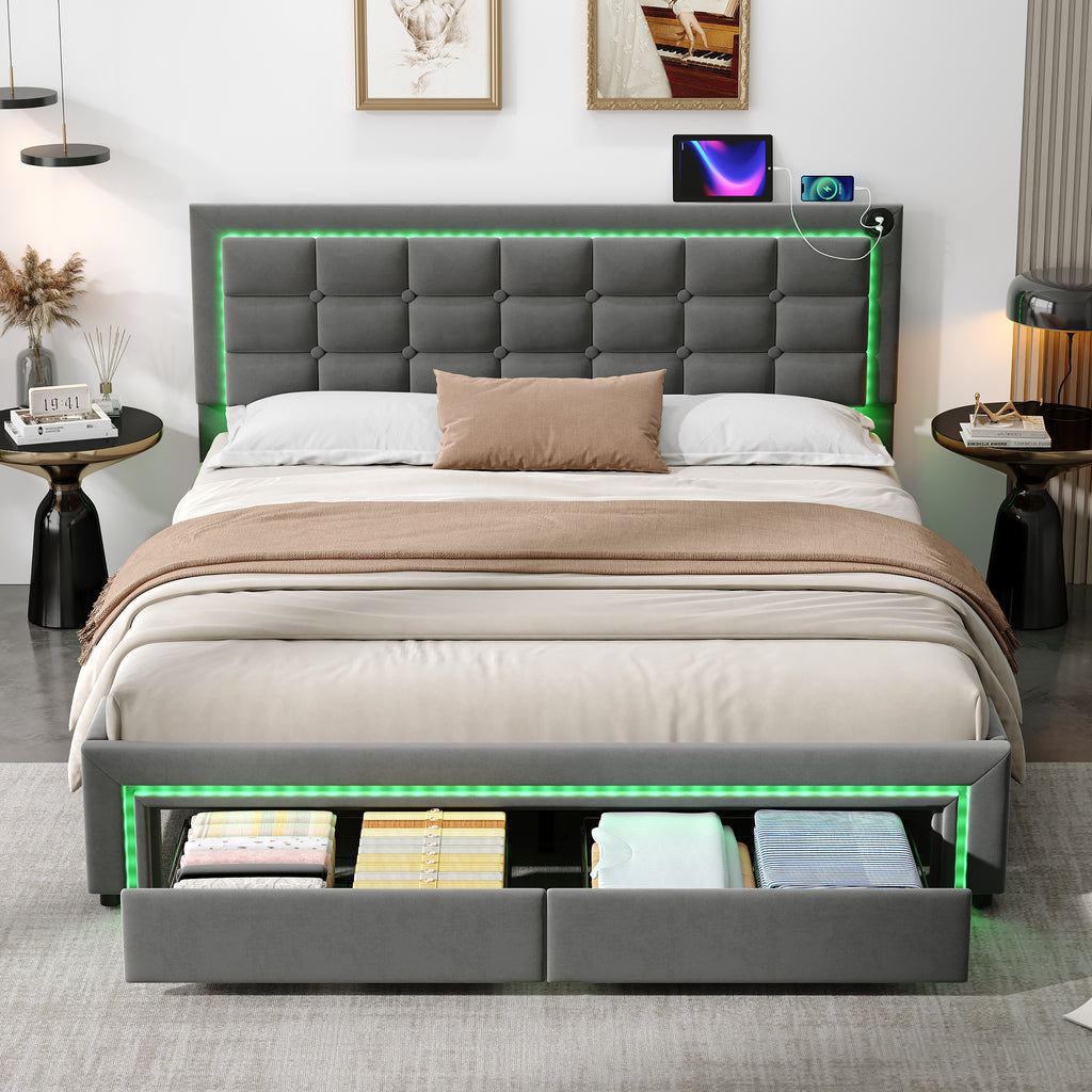 4ft6 Double Upholstered Bed Frame with Hydraulic and Drawers Storage, LED Adjustable Button Tufted Headboard with Charging Station, Velvet Hydraulic Bed with RGB LED Lighting, Grey (No Mattress)