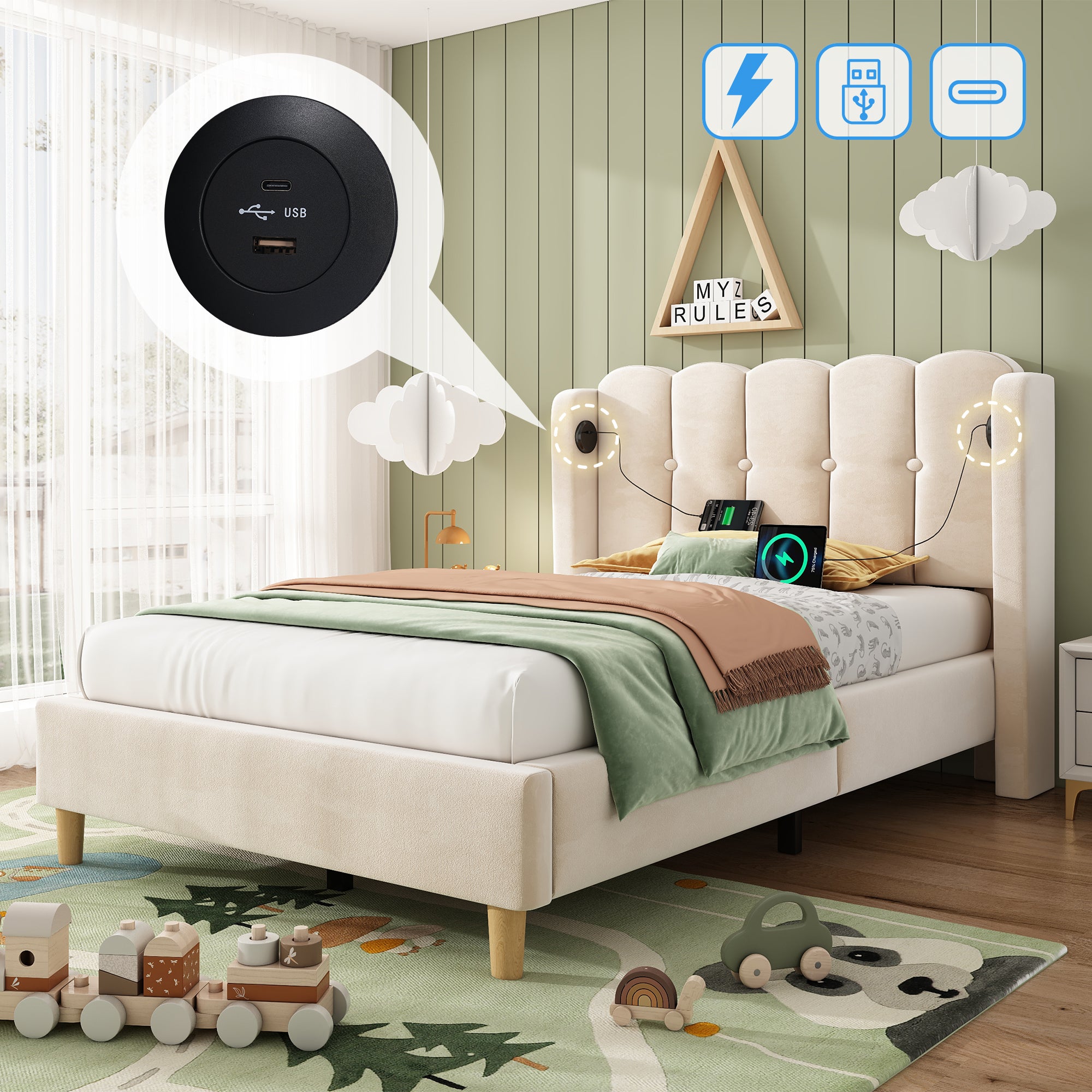Upholstered Single Bed with USB and Type-C Charging, 3FT Bed Frame with Wooden Slatted Frame, Teenager Bed for Bedroom & Guest Room, 90 x 190 cm, Beige, Velvet (No Mattress)
