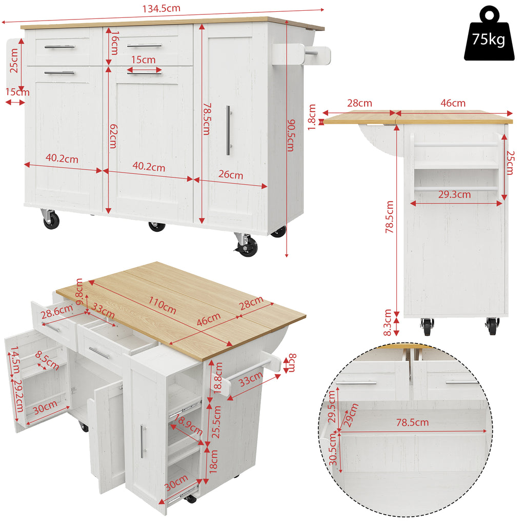 Modern kitchen island, kitchen cabinet, buffet cabinet, dining cart with wood grain, dining table with storage space, dining cart with snack shelves and stretch function cabinets, white
