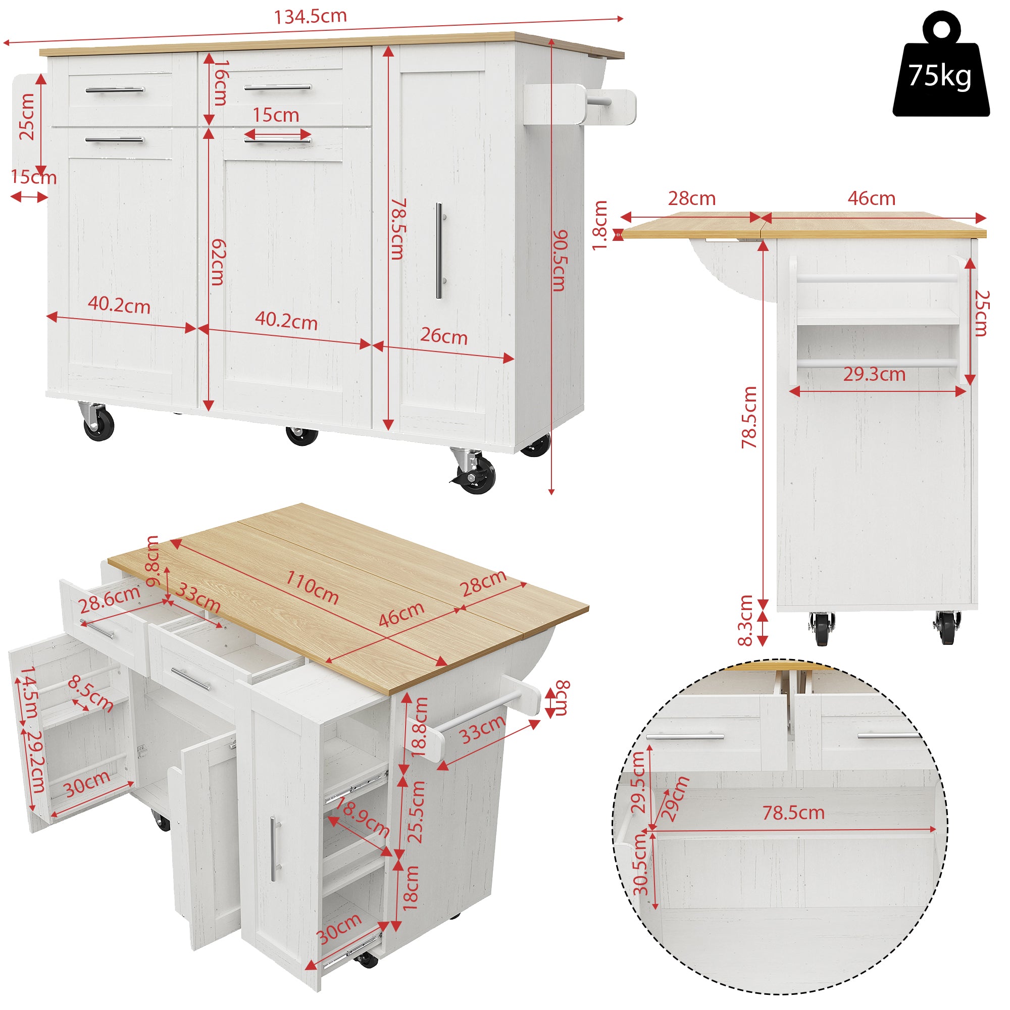 Modern kitchen island, kitchen cabinet, buffet cabinet, dining cart with wood grain, dining table with storage space, dining cart with snack shelves and stretch function cabinets, white